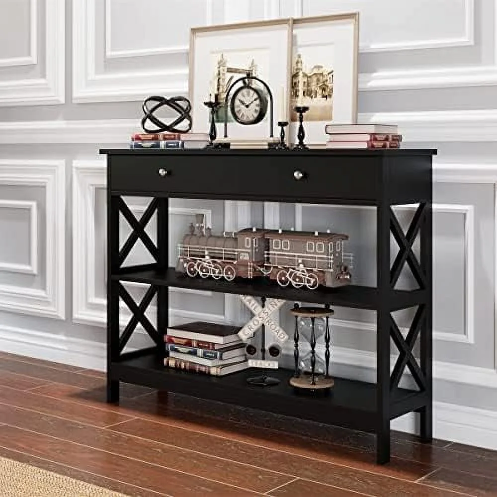 3-Tier Console Table with 1 Drawer and 2 Open Shelves  Narrow Wood Hallway Table Entry Table  X-Shaped Side Sofa Table for Living Room  Easy Assembly  39.4in W x 11.8in D x 31.5in H  Blac