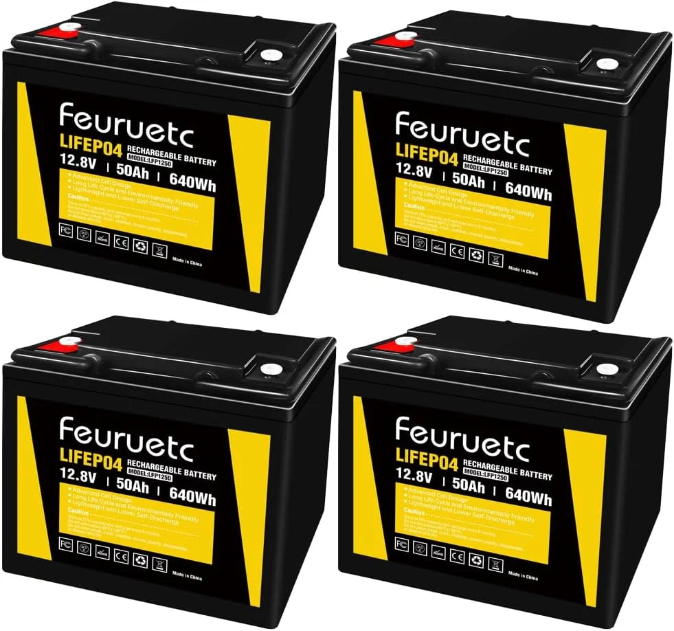Feuruetc 12V 50Ah Deep Cycle LiFePO4 Battery, 4000+ Cycles, Maintenance-Free Battery， for Camping， Fish Finder, Scooter, Security System, Ride on Toys，UPS etc Rechargeable Lit (12V 50A - 4packs)