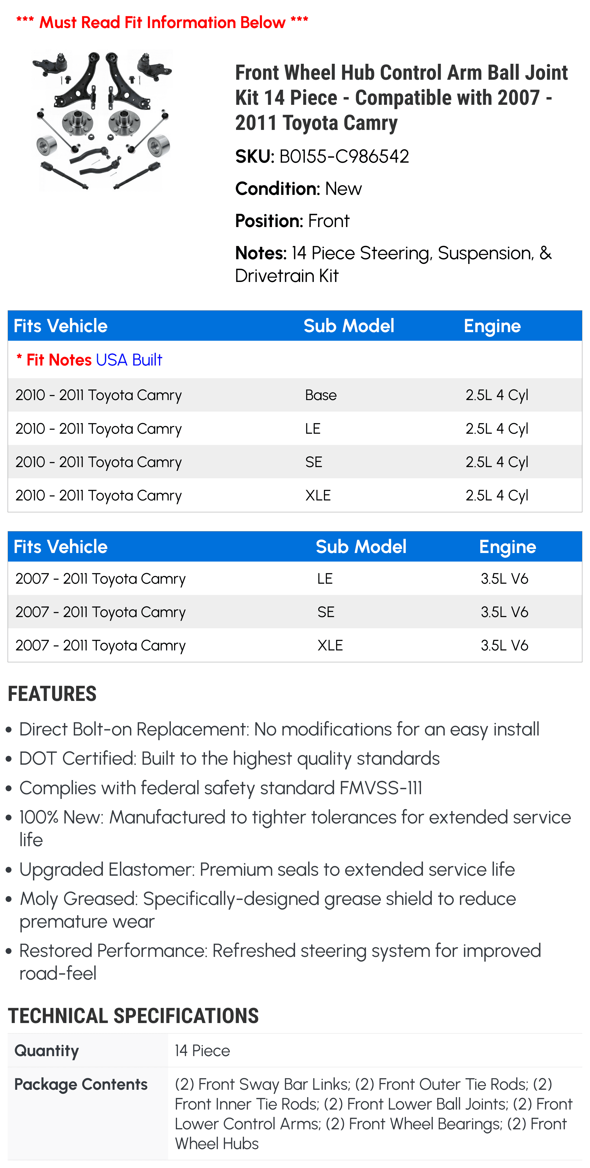 Front Wheel Hub Control Arm Ball Joint Kit 14 Piece - Compatible with 2007 - 2011 Toyota Camry 2008 2009 2010