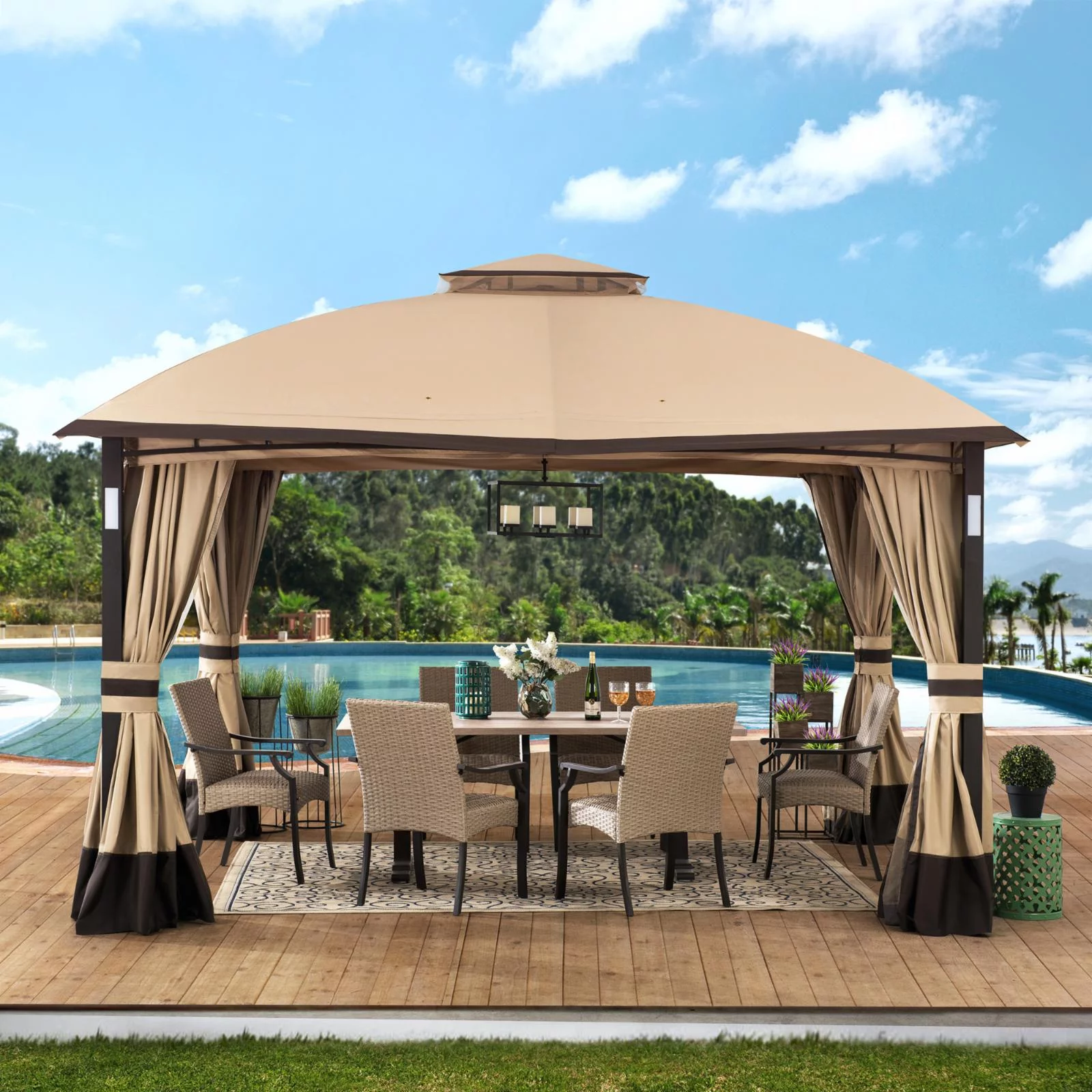 Sunjoy 11 ft. x 13 ft. Gazebo with LED Lighting and Blue Tooth Sound - Tan and Brown