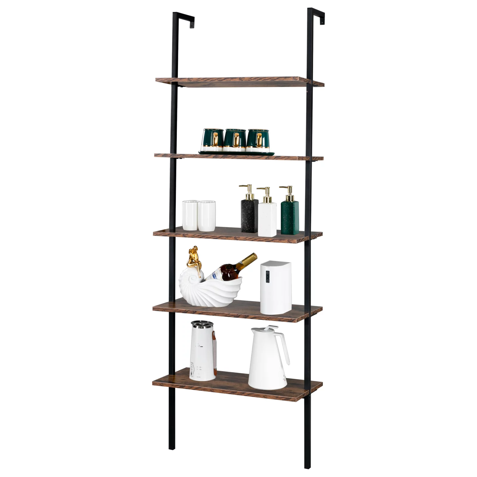 RUXAN Industrial Wall Mounted Bookcase 5-Tier Open Ladder Shelf Bookshelf with Metal Frame, 23.6