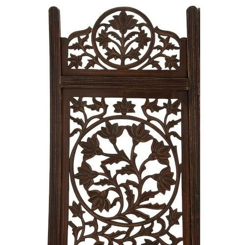 Handcrafted Wooden 4 Panel Room Divider Screen Featuring Lotus Pattern Reversible - Saltoro Sherpi