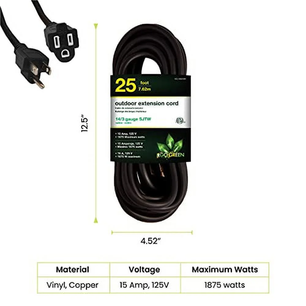 GoGreen Power GG-13825BK - 143 25 SJTW Outdoor Extension Cord - Black
