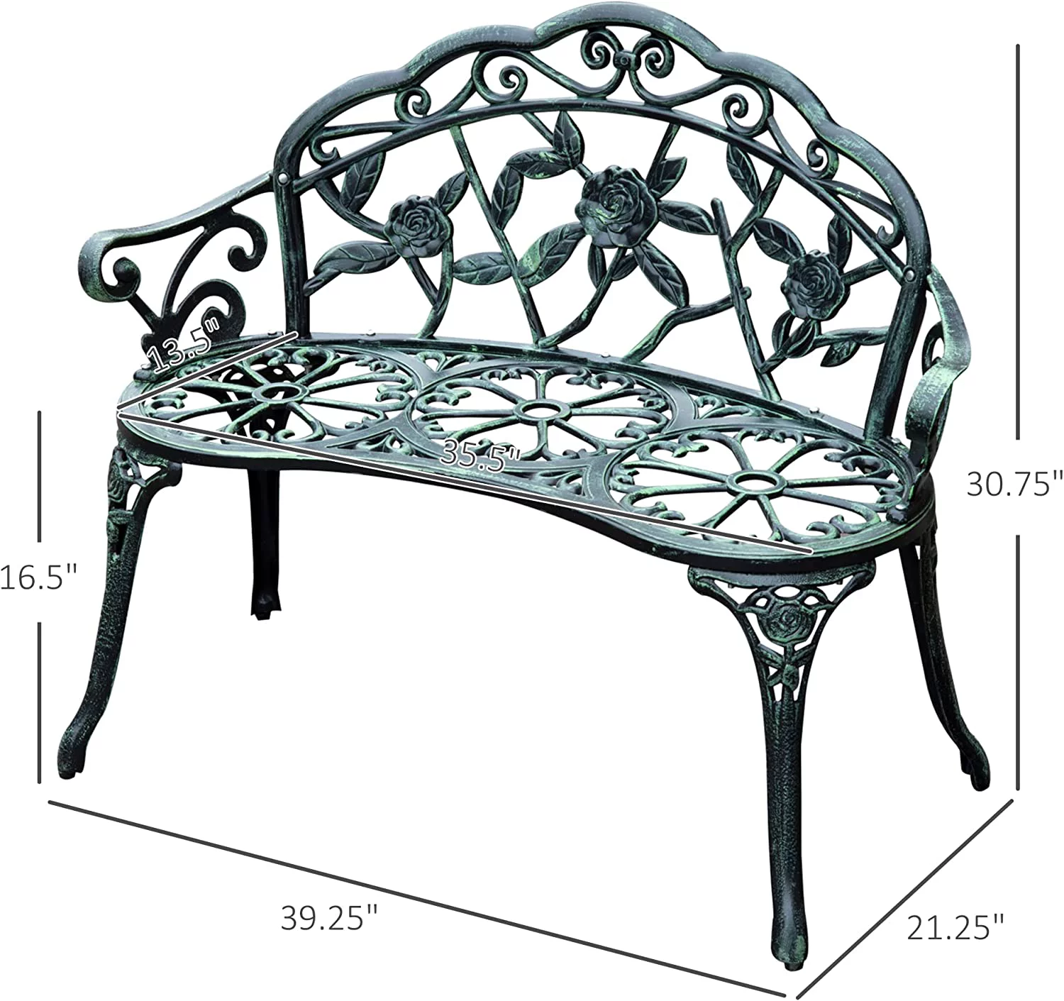 Outdoor Bench, Cast Aluminum Outdoor Furniture, Metal Bench with Floral Rose Accent & Antique Finish, Green