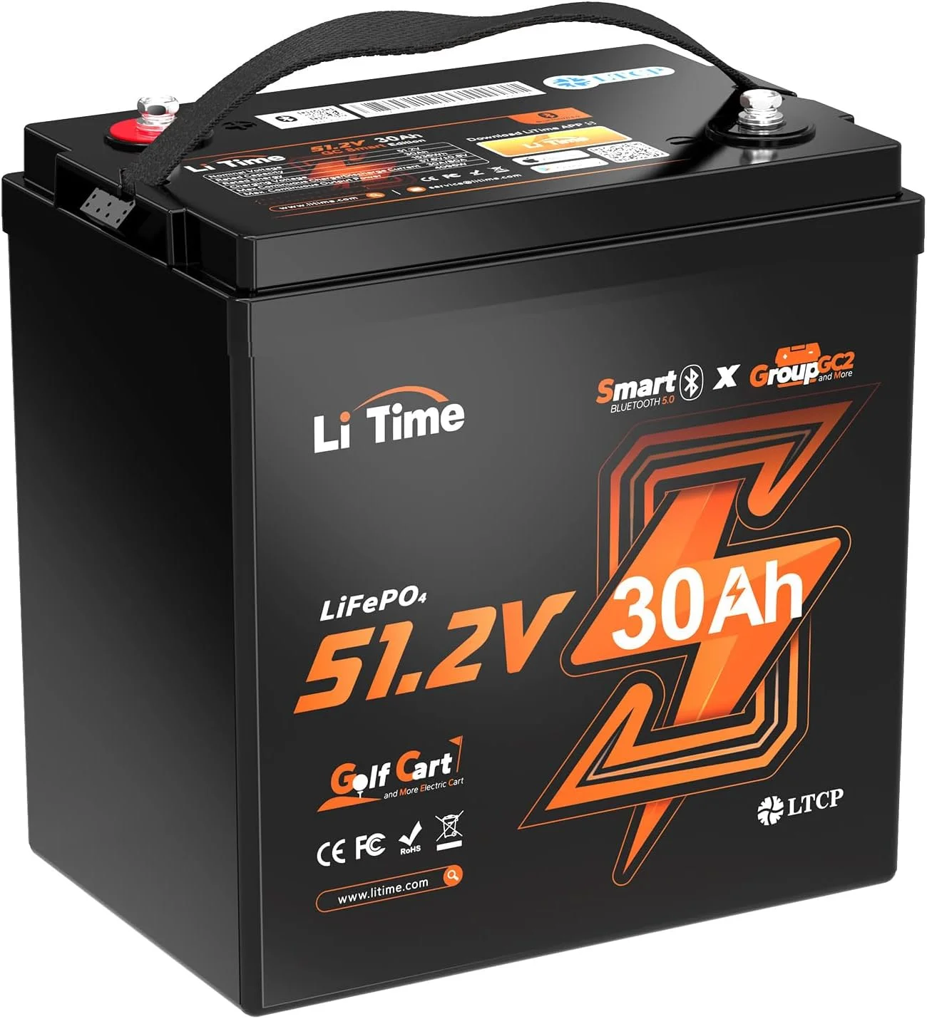 LiTime 48V 30Ah GC2 Golf Cart LiFePO4 Lithium Battery with Bluetooth & Low-Temp Protection, 100A BMS, Max. 15000 Cycles, Max. 5.12kW Power, Perfect for Golf Carts, Club Car, ATV, LSV