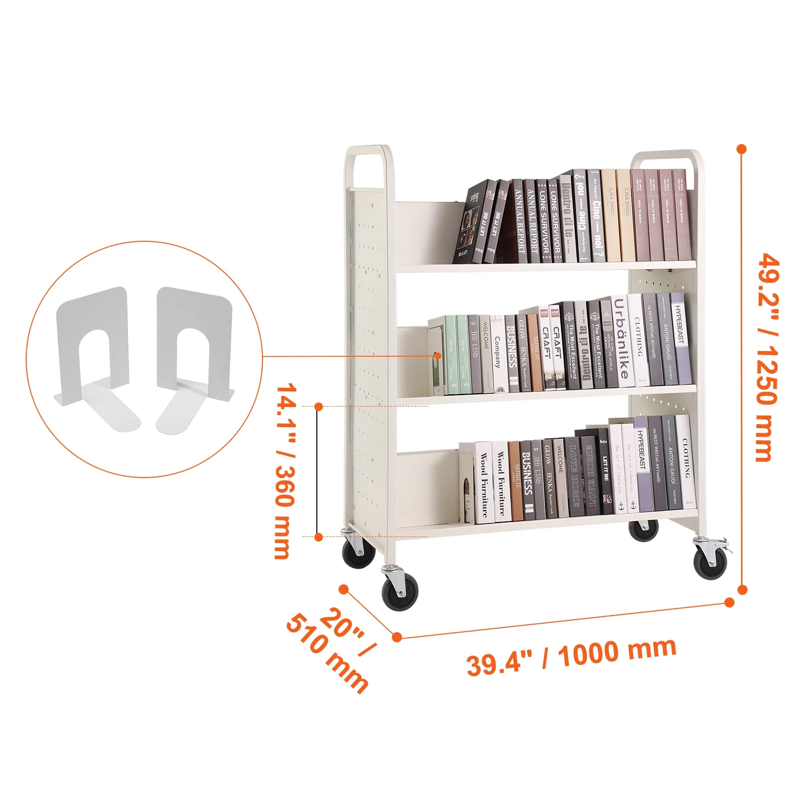 SKYSHALO Book Cart Library Cart 330 lbs Capacity with W-Shaped Shelves in White