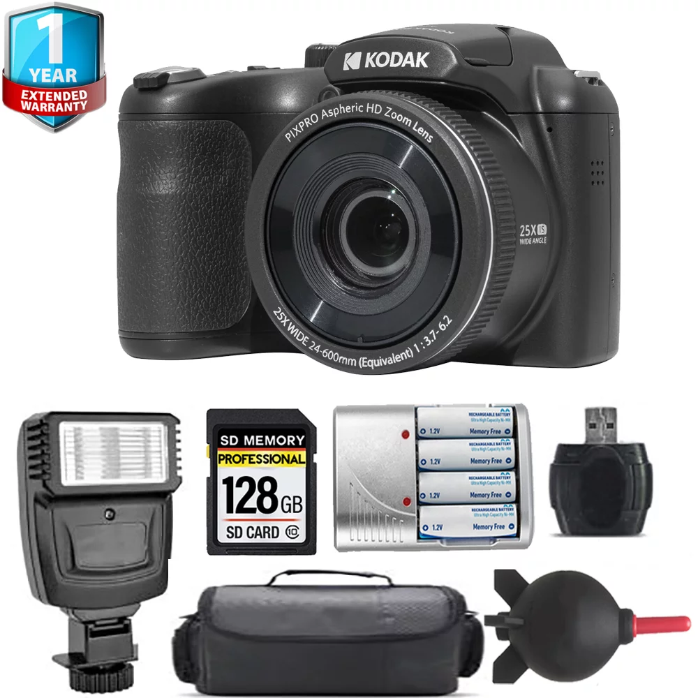 Kodak PIXPRO AZ255 Digital Camera (Black) + Extra Battery + Flash+ 1 Yr Warranty