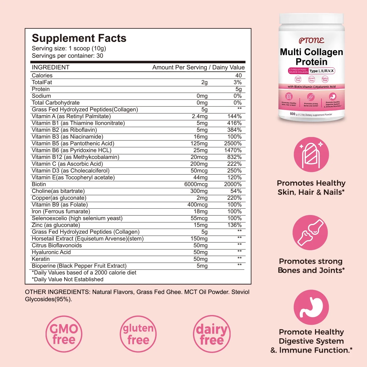 PTONE Multi Collagen Peptides Powder,  Hydrolyzed Protein Peptides (Type I,II,III,V,X), with Vitamin C & Hyaluronic Acid & Biotin, For Hair, Skin and Nails