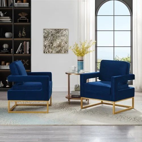 JHOOTUUO Modern Style Accent Chair with Gold Metal Base   Velvet Upholstered Leisure Chair with Open Armrest  Armchair  Navy