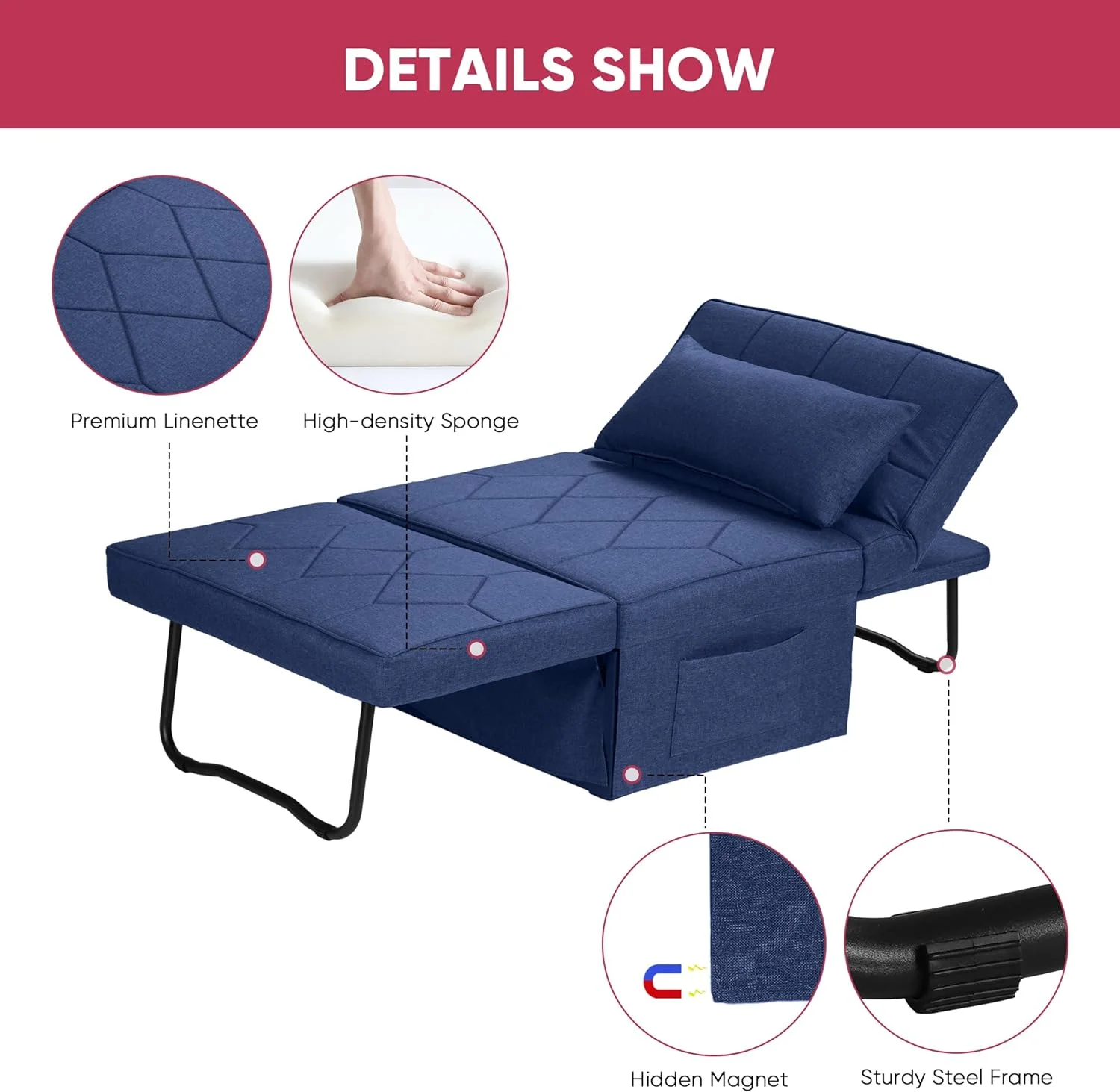 Folding Ottoman Sofa Bed, Convertible Chair 4 In 1 Multi-Function Ottoman, Couch Bed With 6 Position Adjustable Backrest, Imitation Flannel,