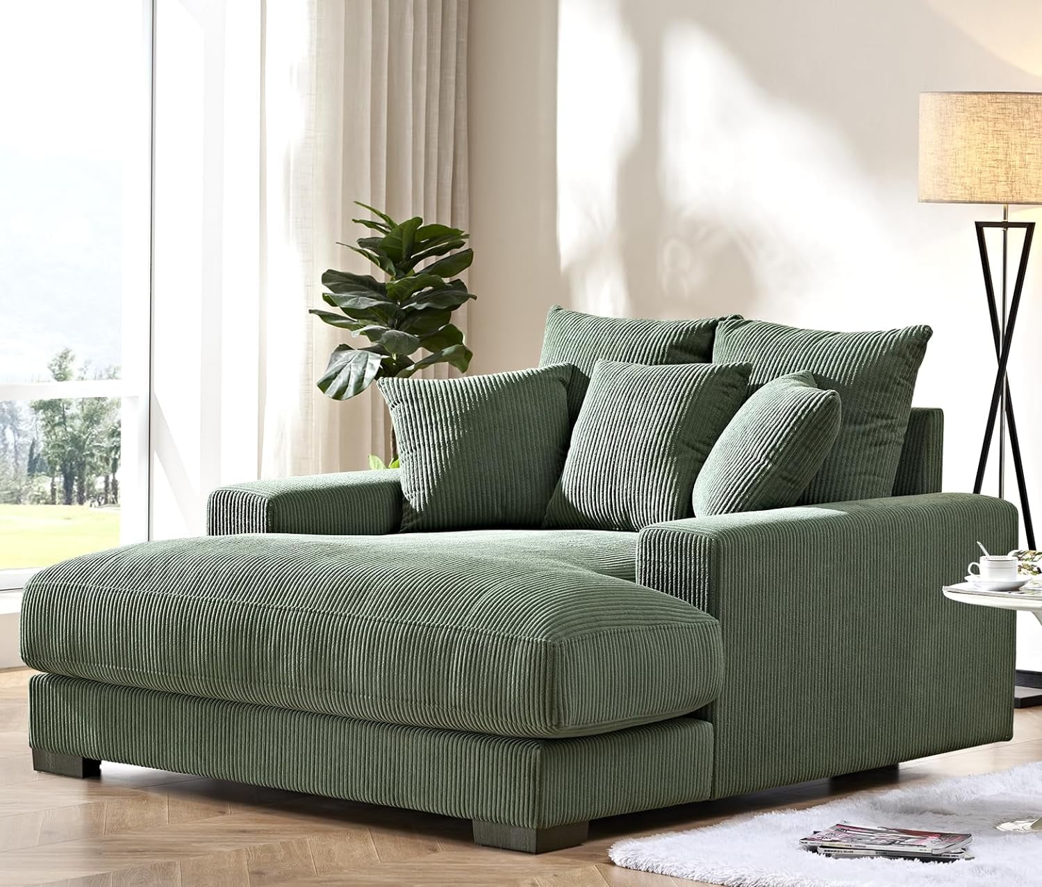 Luxe Upholstered Chaise Lounge Sofa in Soft Corduroy Fabric