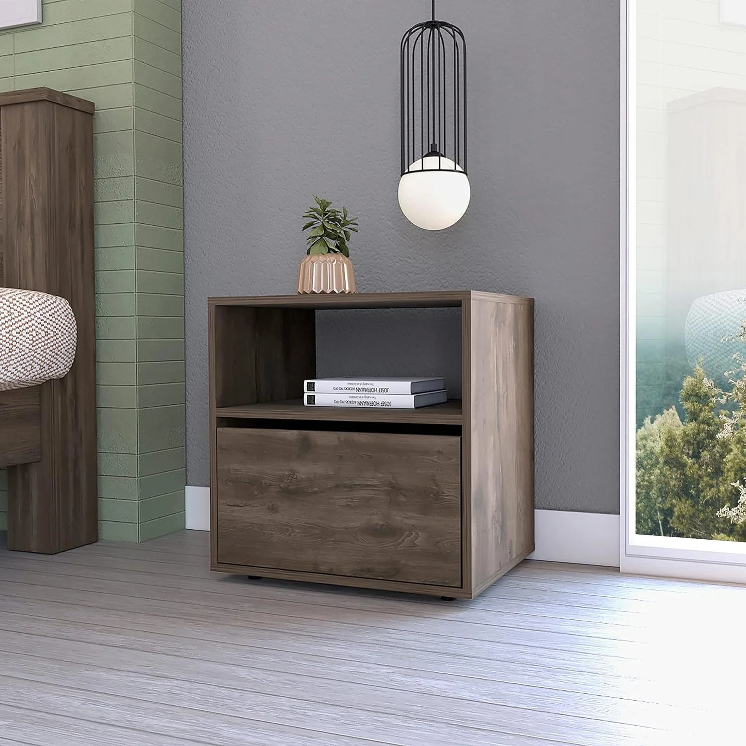 Nightstand with Open Shelf and Cabinet, Dark Brown