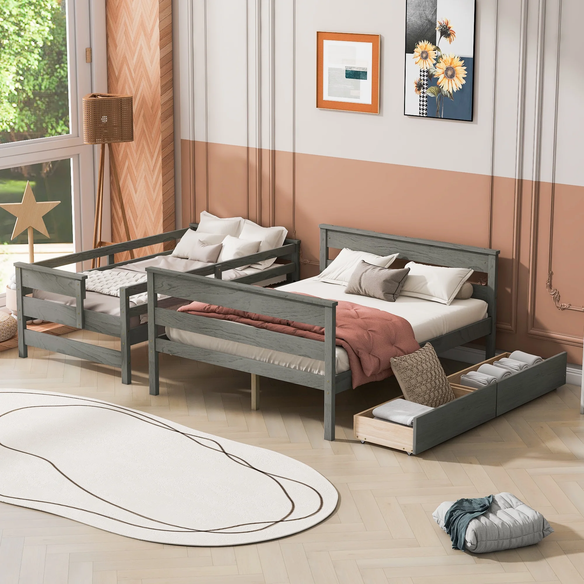 Homiyad Wood Twin Over Full Bunk Bed with 2 Drawers, Gray