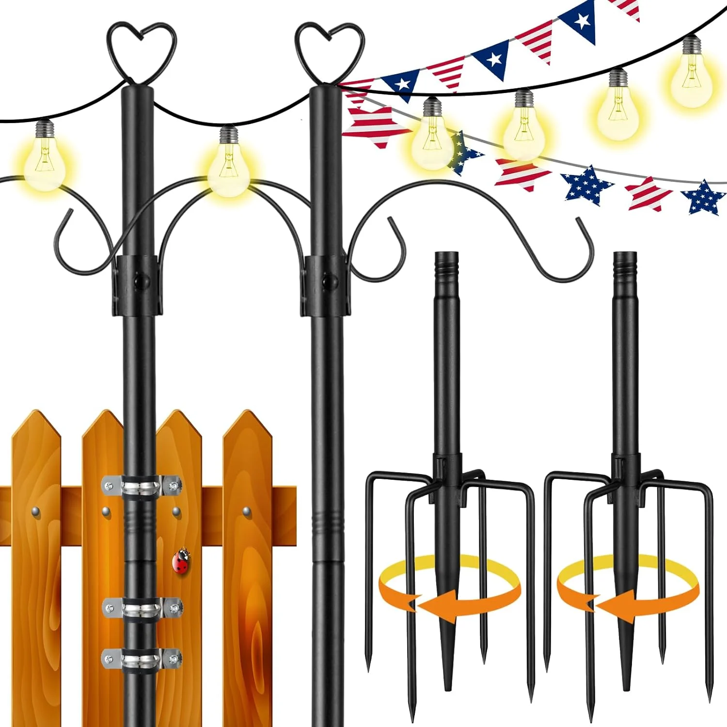 MINGFENG 10ft Wedding String Light Poles for Outdoor Outside, Waterproof Harder Heavy Duty Metal Pole with 5 Prong Base Ground Anchor Hanging String Lights for Backyard Garden Patio Lighting(4 Pack)