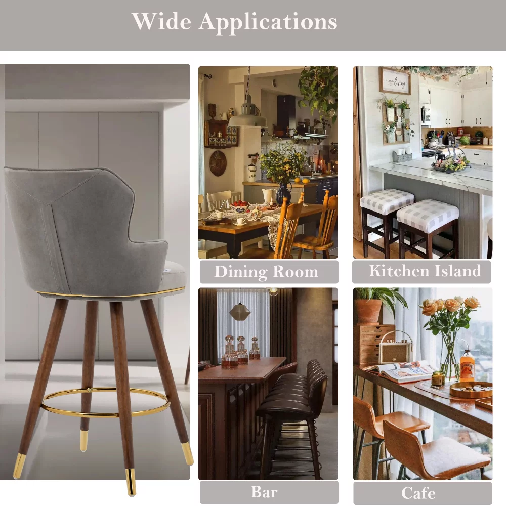 Upholstered Bar Stools, Counter Height Bar Stool Chairs with Solid Wood Legs and Backrest Kitchen Island Padded Barstools with 360-degree Footrest High Dining(Gray,Set of 2)