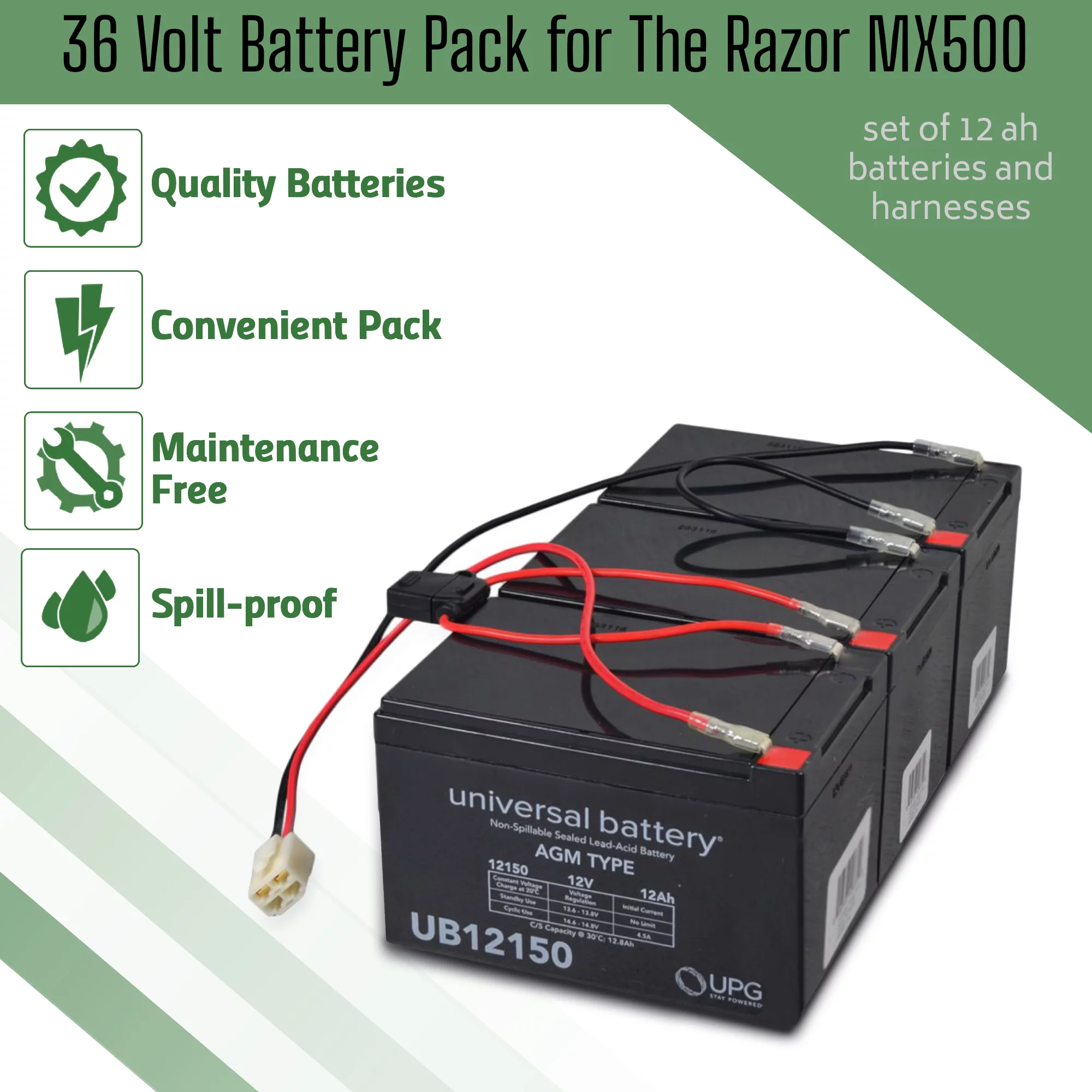 AlveyTech 36V 12 Ah Replacement Battery Pack for Razor MX500 Dirt Rocket Bike (with Harness)