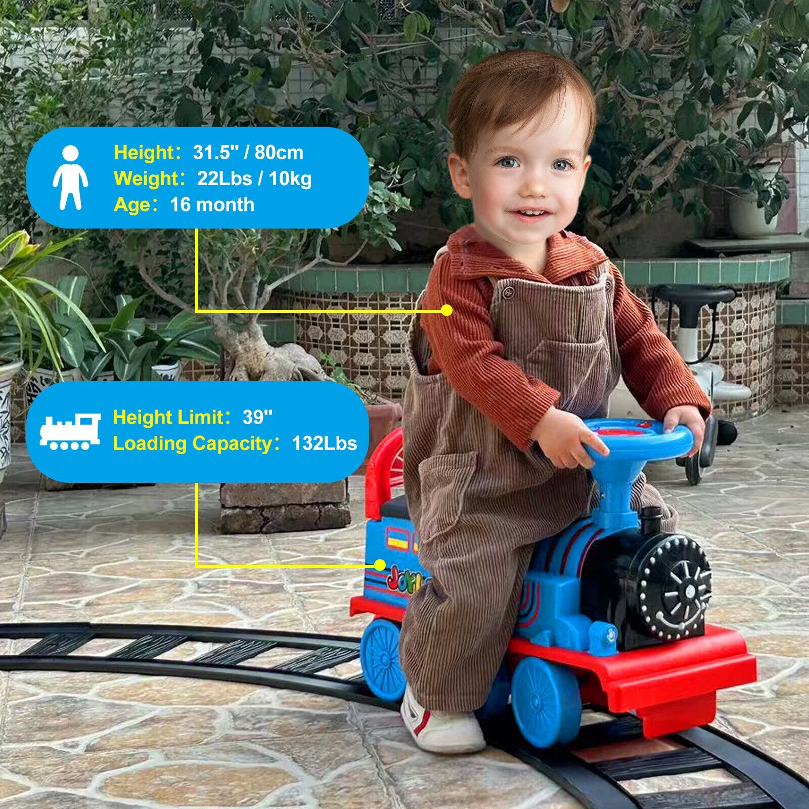 JOYLDIAS Blue 6V Kids Electric Ride on Train Toddlers Age 1-3 Boys Girls w/Curved Tracks,Carriage,Songs,Lights,Horns,Storage