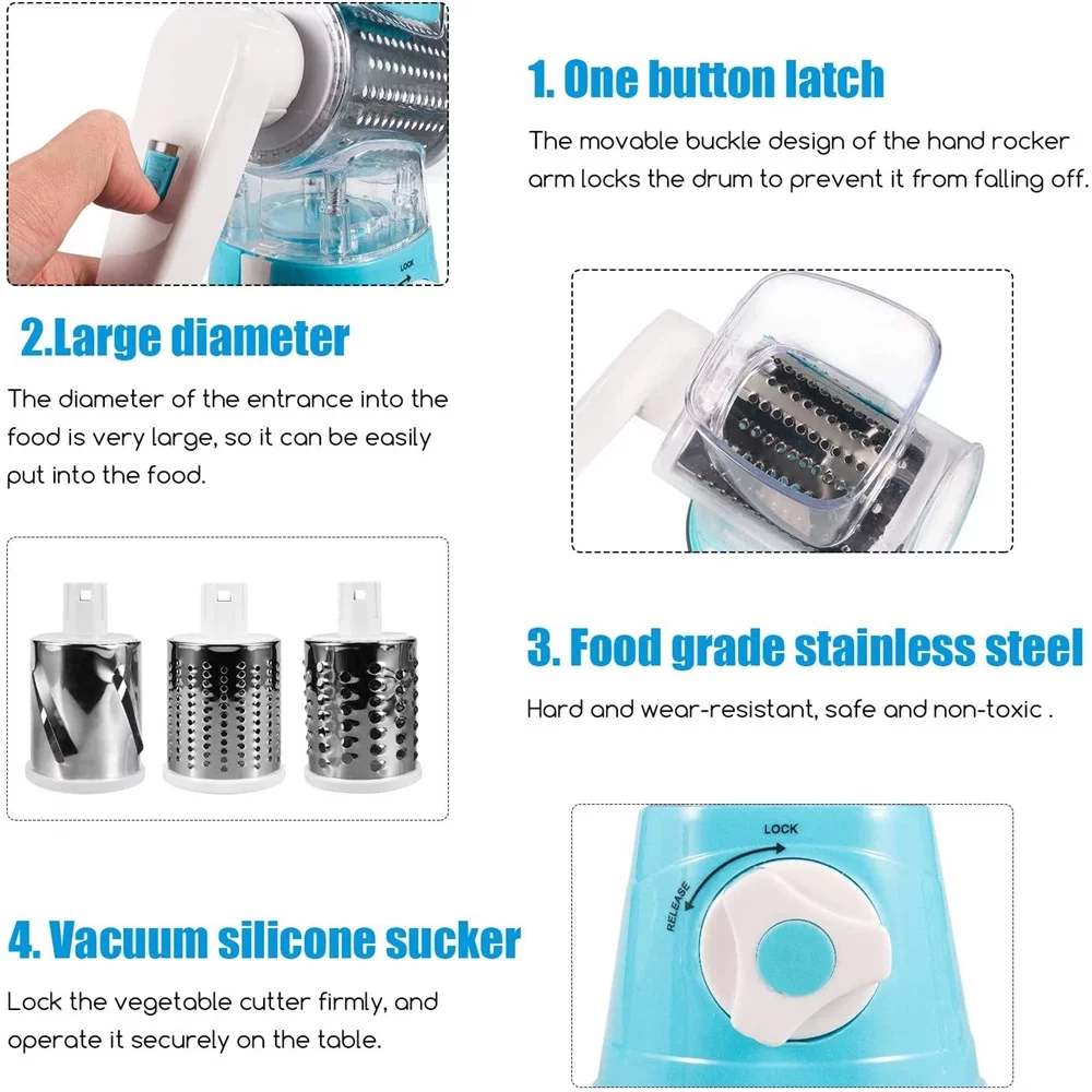 Jahyshow Multi-Functional Cheese Grater - Durable Rotary System with 3 Steel Barrels