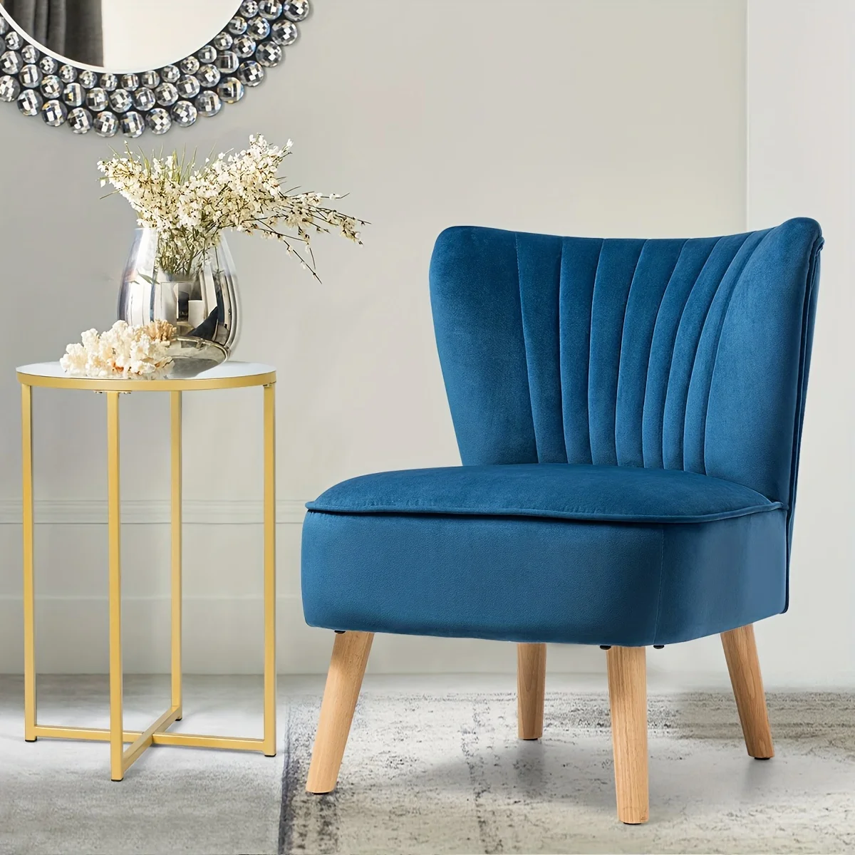 Armless Accent Chair, Velvet Modern Chair with Rubber Wood Legs and Thick Sponge Seat, Upholstered Leisure Wingback Sofa Chair for Living Room for Bedroom Living Room (1, Blue)