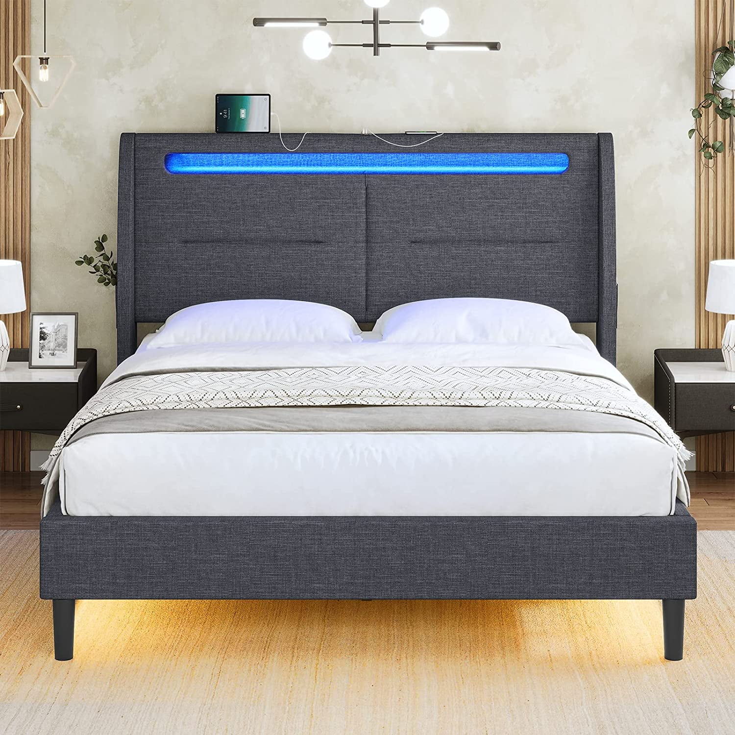 DICTAC Full LED Bed Frame with Headboard and USB Ports Modern Upholstered Platform Bed Frame with LED Sensor Lights Motion Activated Night Light Bed,Solid Wood Slats, No Box Spring Needed, Dark Grey