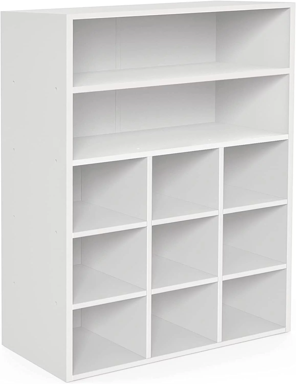 White Shoe Cubby, Stackable Wooden Shoe Rack Organizer Modern 5-Tier Freestanding Shoe Stand with 9 Organization Cubes 2 Storage shelves for 10-15 Pairs