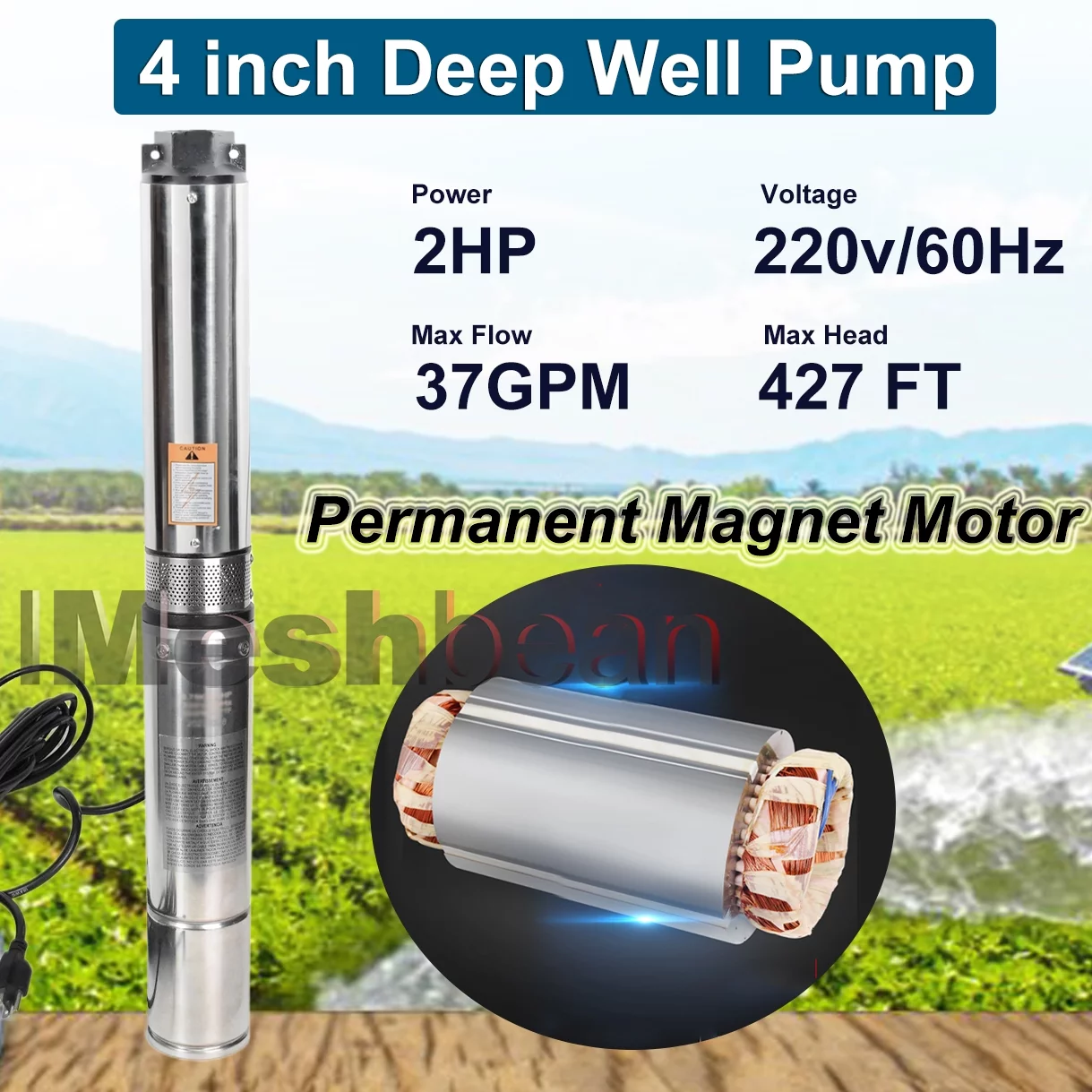 iMeshbean Deep Submersible Well Pump 2HP 220V,427ft Head 37GPM with 100ft Cord,Submersible Well Pump 4