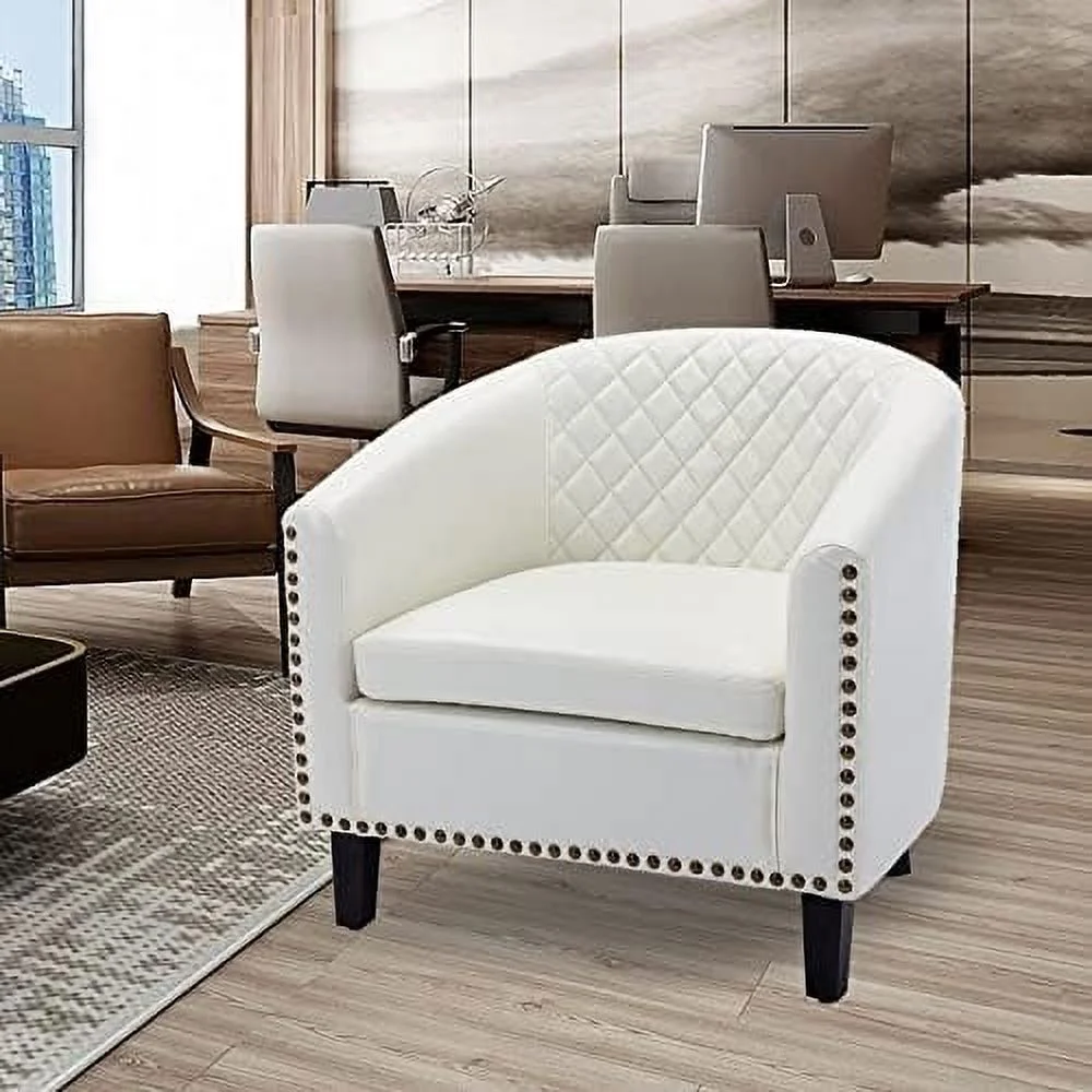 xrboomlife Club Chair Accent Barrel Chair with Solid Wood Legs Armchair with White Faux Leather Futon Chair with Nail Head Trim Comfy Chair for Bedroom Living Room Home Club Business Offi