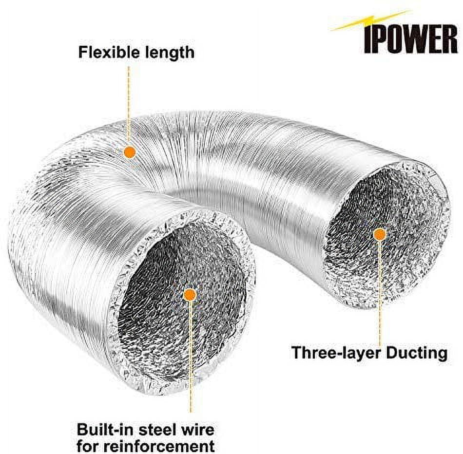 iPower  GLDUCT8C Non-Insulated Ducting Aluminum Foil Vent with 2 Clamps, 8-Feet 6-Inch, ProFlex Clothes Dryer Transition Duct, Fire-Resistance Coating. Strong & Flexible, Contains Corrosion Resistant