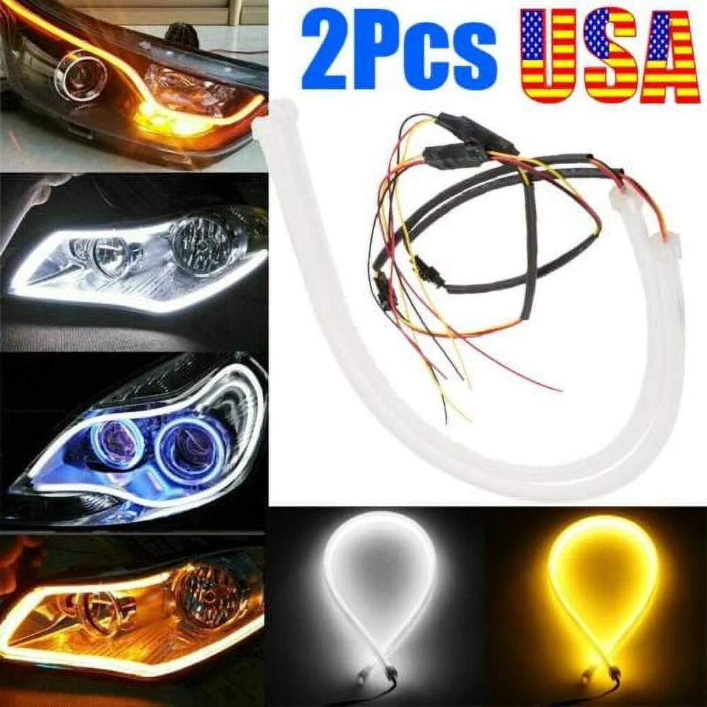 2pcs DRL LED Light Car Switchback Headlight Sequential Turn Signal Tube Lights