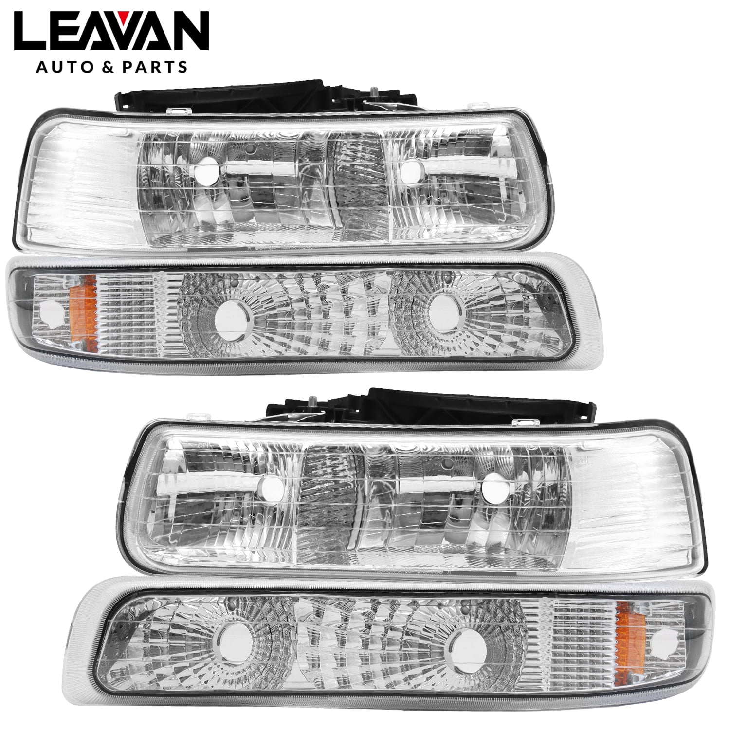 LEAVAN Headlight Assembly Fit For 1999-2002 Chevy Silverado/2000-2006 Chevy Tahoe Suburban with Bumper Lights, Chrome Housing