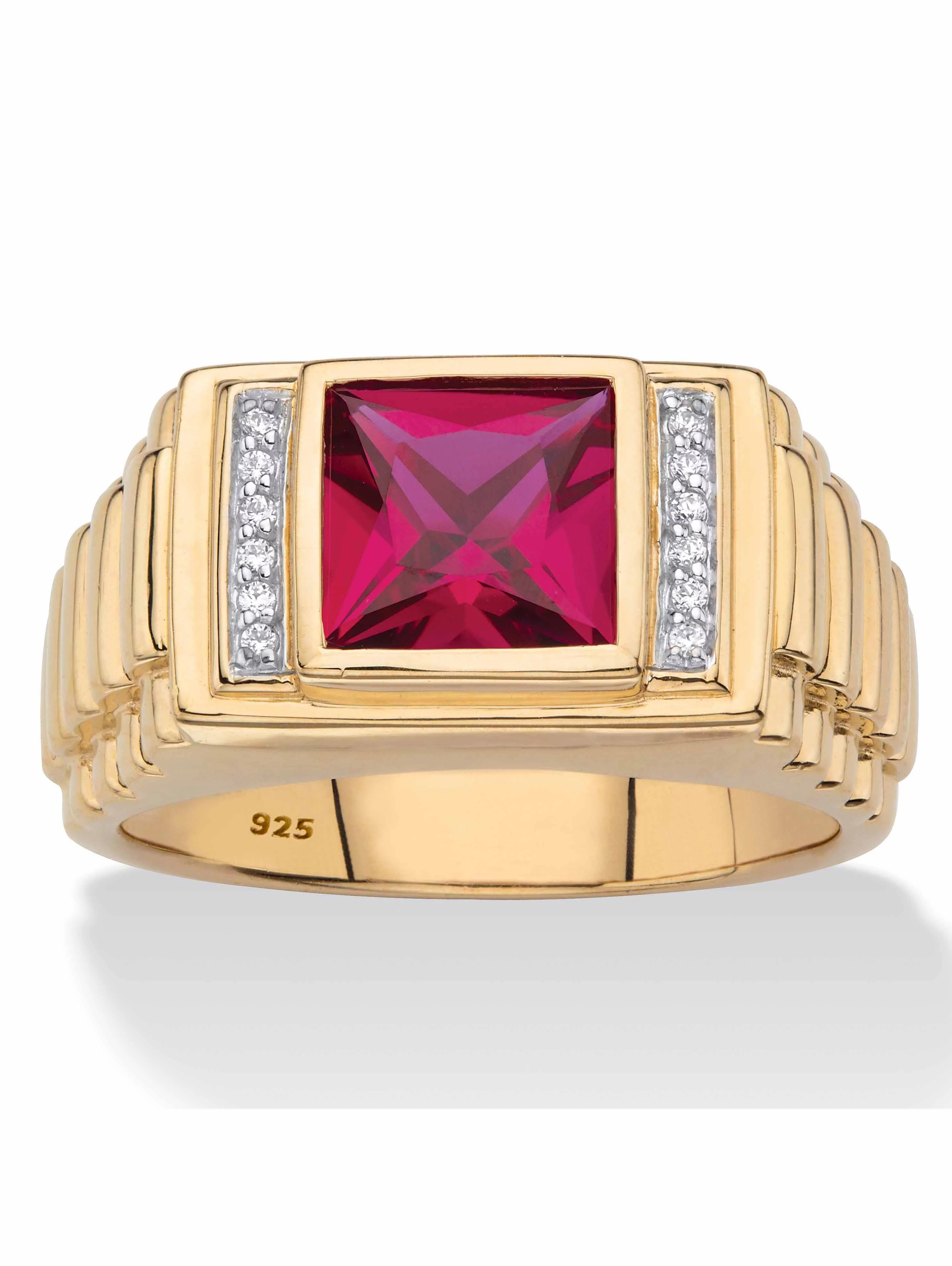 PalmBeach Jewelry Men's Square-Cut Created Red Ruby or Blue Sapphire and Diamond Accent Ring in 18k Gold-plated Sterling Silver