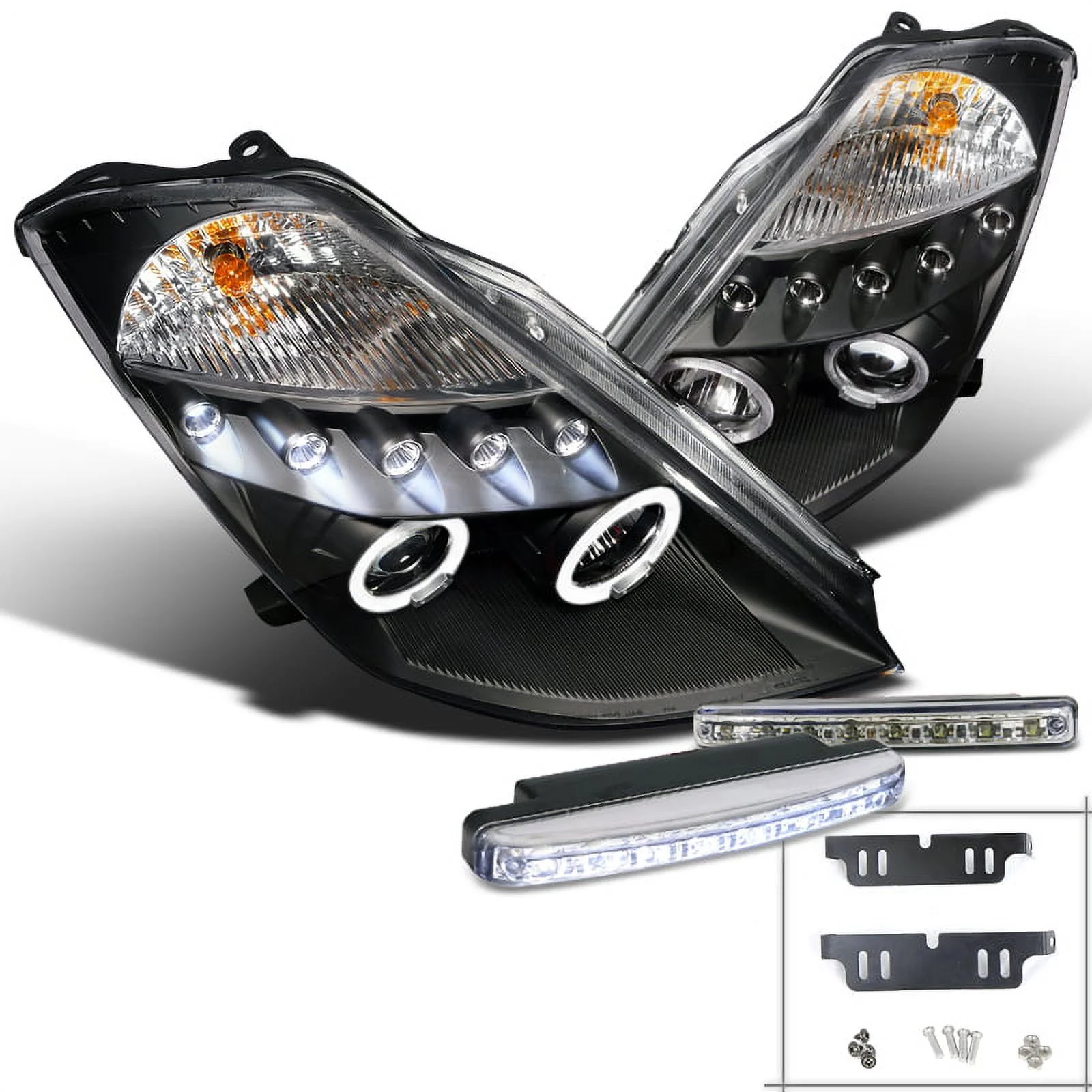 Spec-D Tuning Dual Halo Black Projector Headlight+LED Bumper Fog Lamp Compatible with 2003-2005 Nissan 350Z Left + Right Pair Headlamps Assembly