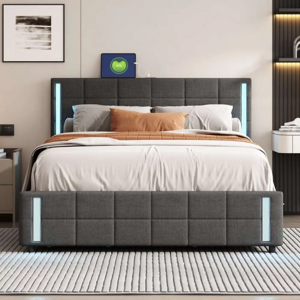 ZJbiubiuHome Queen Size Upholstered Platform Bed with LED Lights and USB Charging   Bed with 4 Drawers  Gray(Linen)