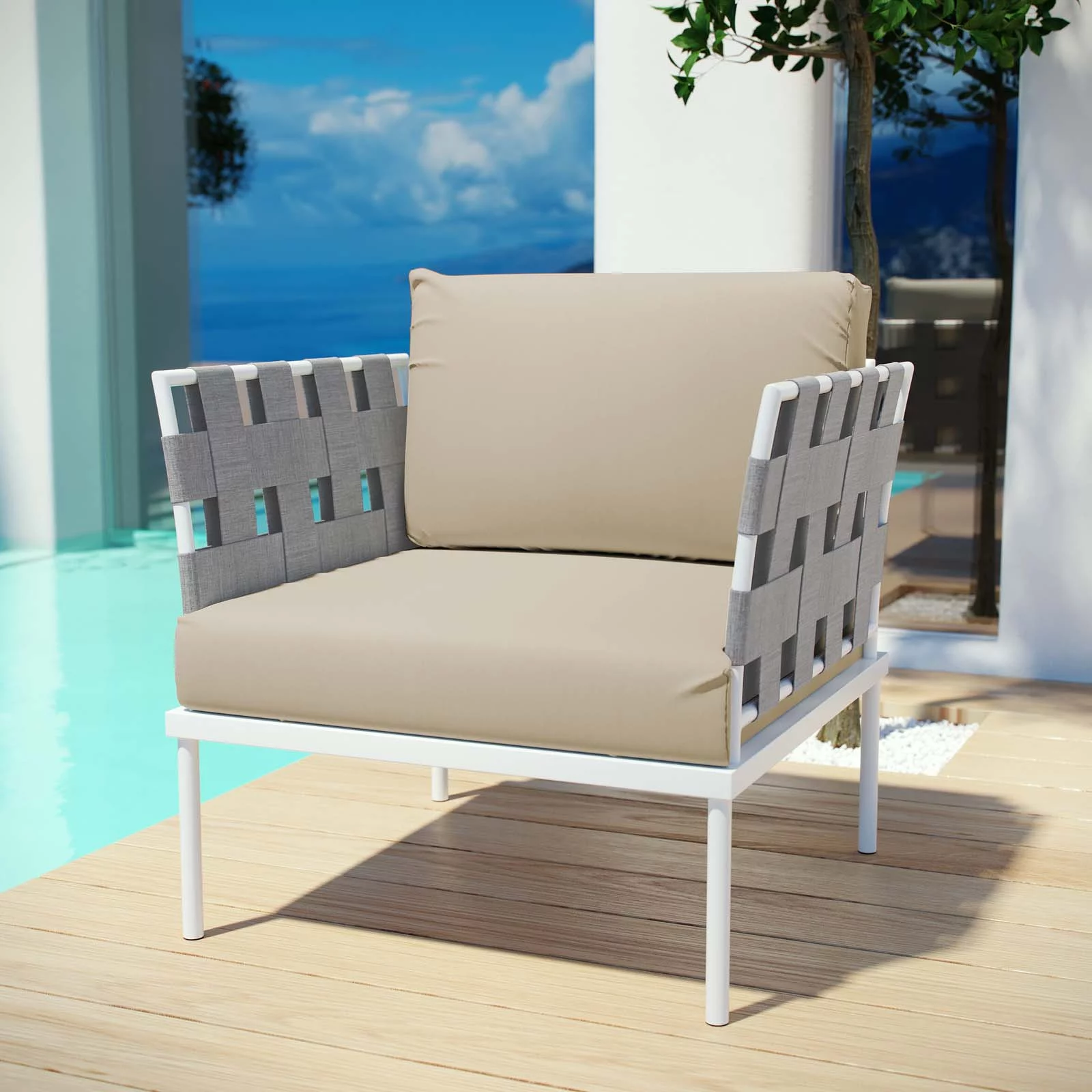 Modern Contemporary Urban Design Outdoor Patio Balcony Lounge Chair, Beige White, Rattan