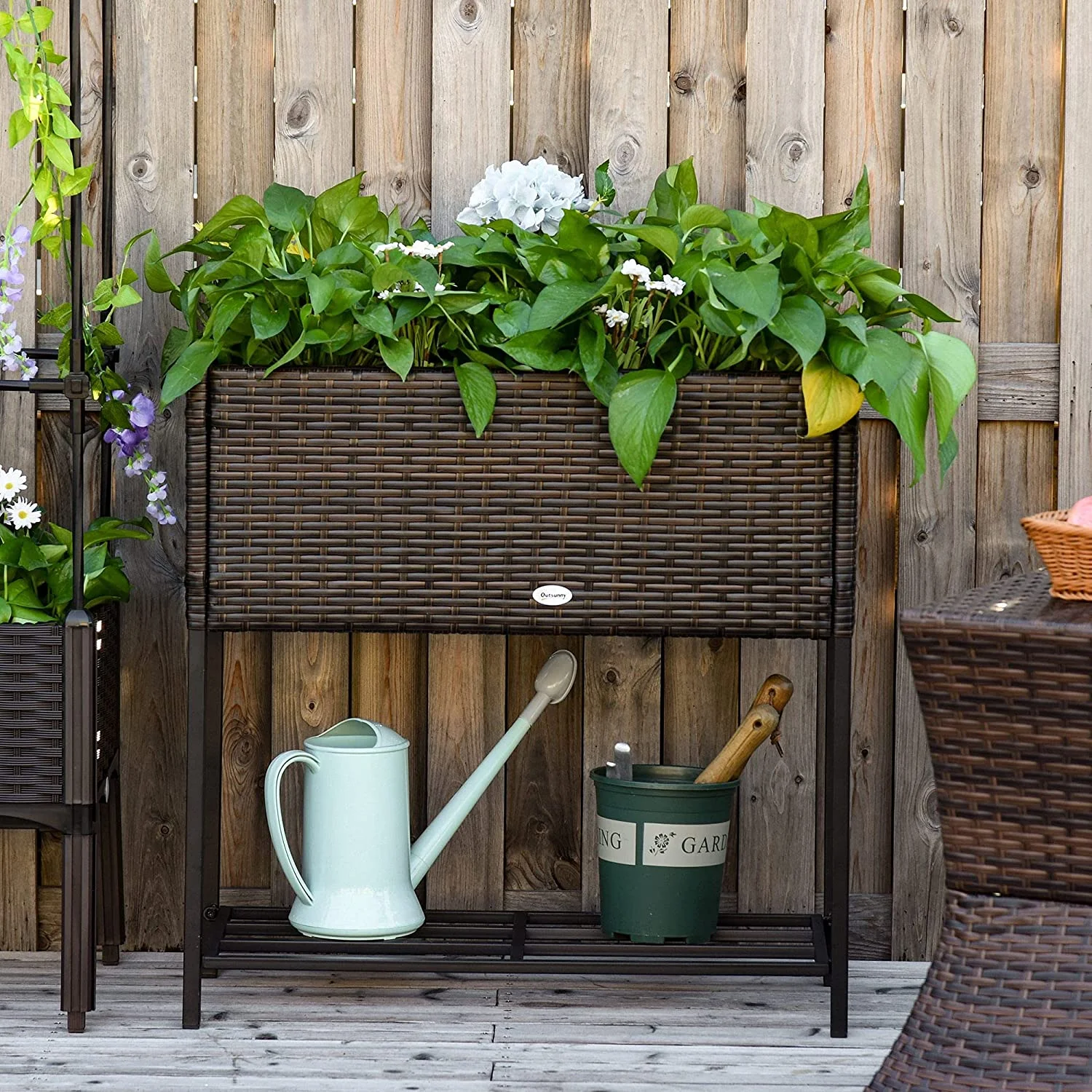 Raised Garden Bed, Elevated Planter Box With Rattan Wicker Look, Tool Storage Shelf, Portable Design For Herbs, Vegetables, Flowers, Brown