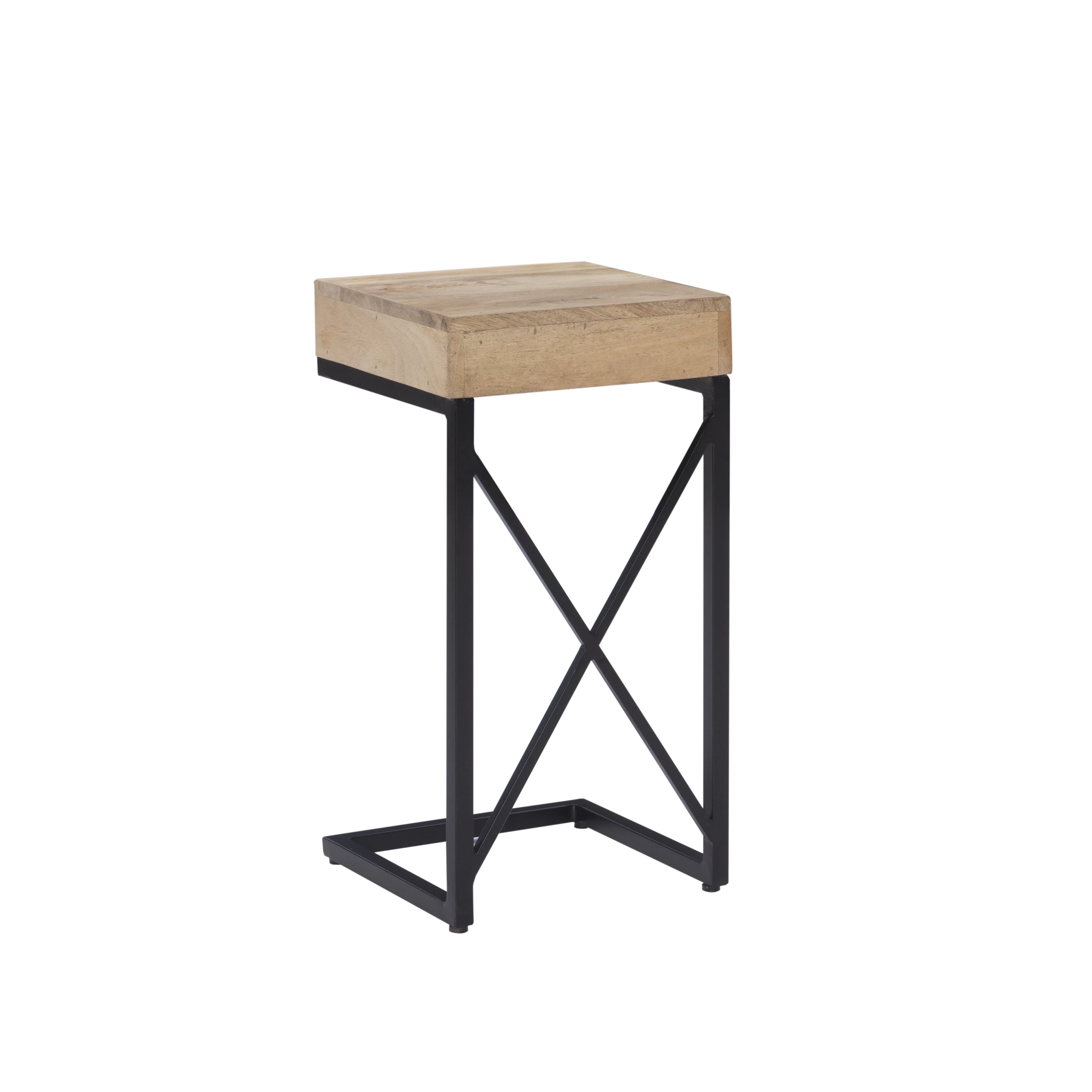 Chalgrove Mid-Century Metal Single Drawer C-Table, Black Base with Natural Wood Top