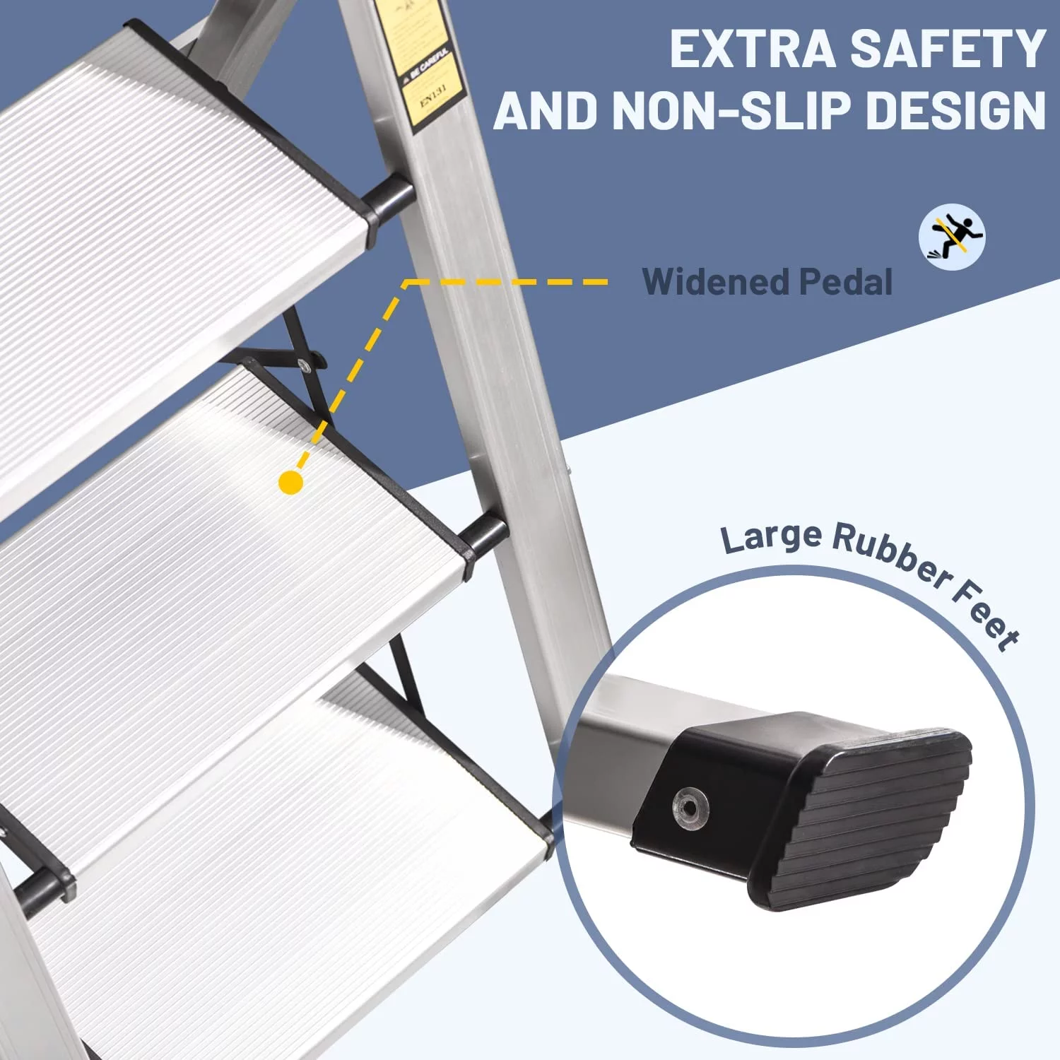 OUWI 3 Step Ladder, Retractable Handgrip Folding Step Stool Ladders with Anti-Slip Wide Pedal, Aluminum 3 Steps, 330lbs Safety Household Ladder