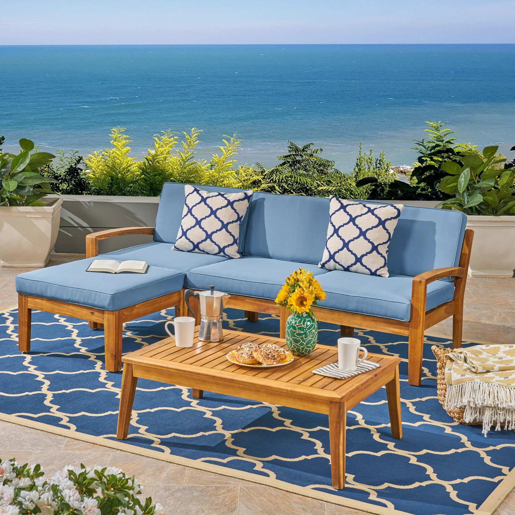 5pc Brown and Blue Outdoor Patio Conversation Set with Cushions 39.5