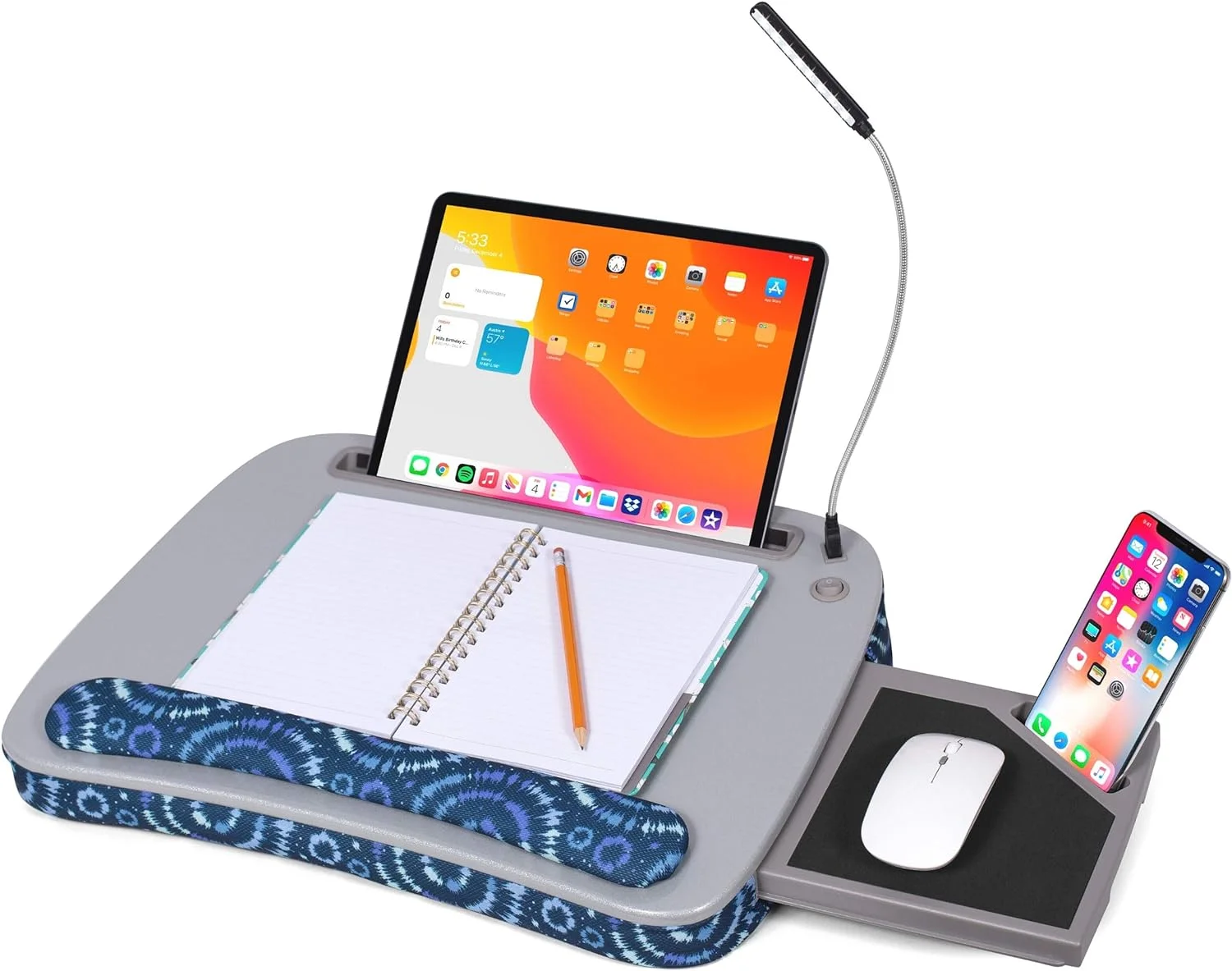 Deluxe Lap Desk With Pillow Cushion And Wrist Rest | USB Light And Mouse Pad | Fits Laptops Up To 15
