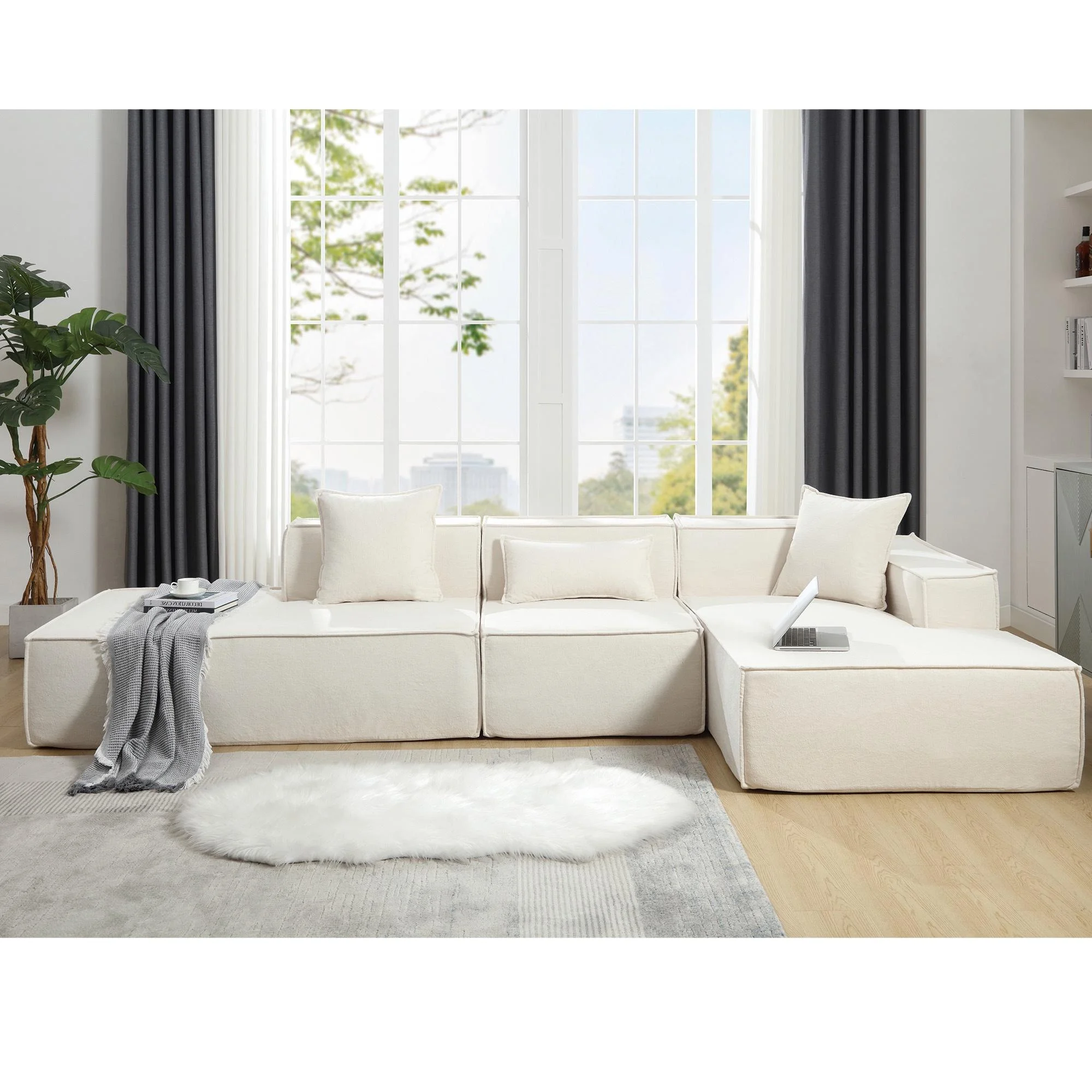 L-Shaped Sectional Couch with Chaise Lounge, Atumon Corner Couch, Modern Sectional Chenille Upholstered Sofa Furniture, L-Shaped Sectional Couch for Living Room Office Apartment, Beige