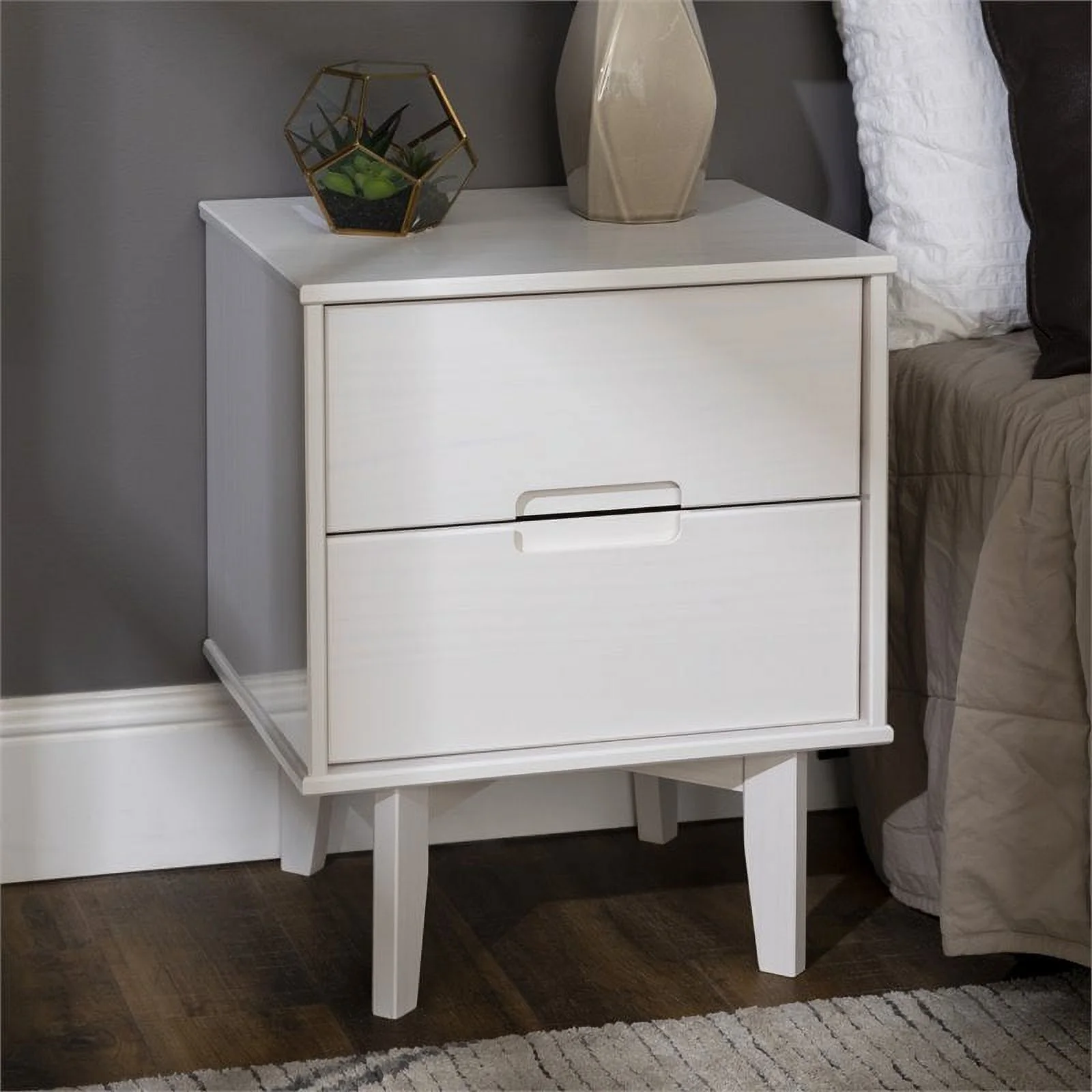 2-Drawer Groove Handle Wood Nightstand - White