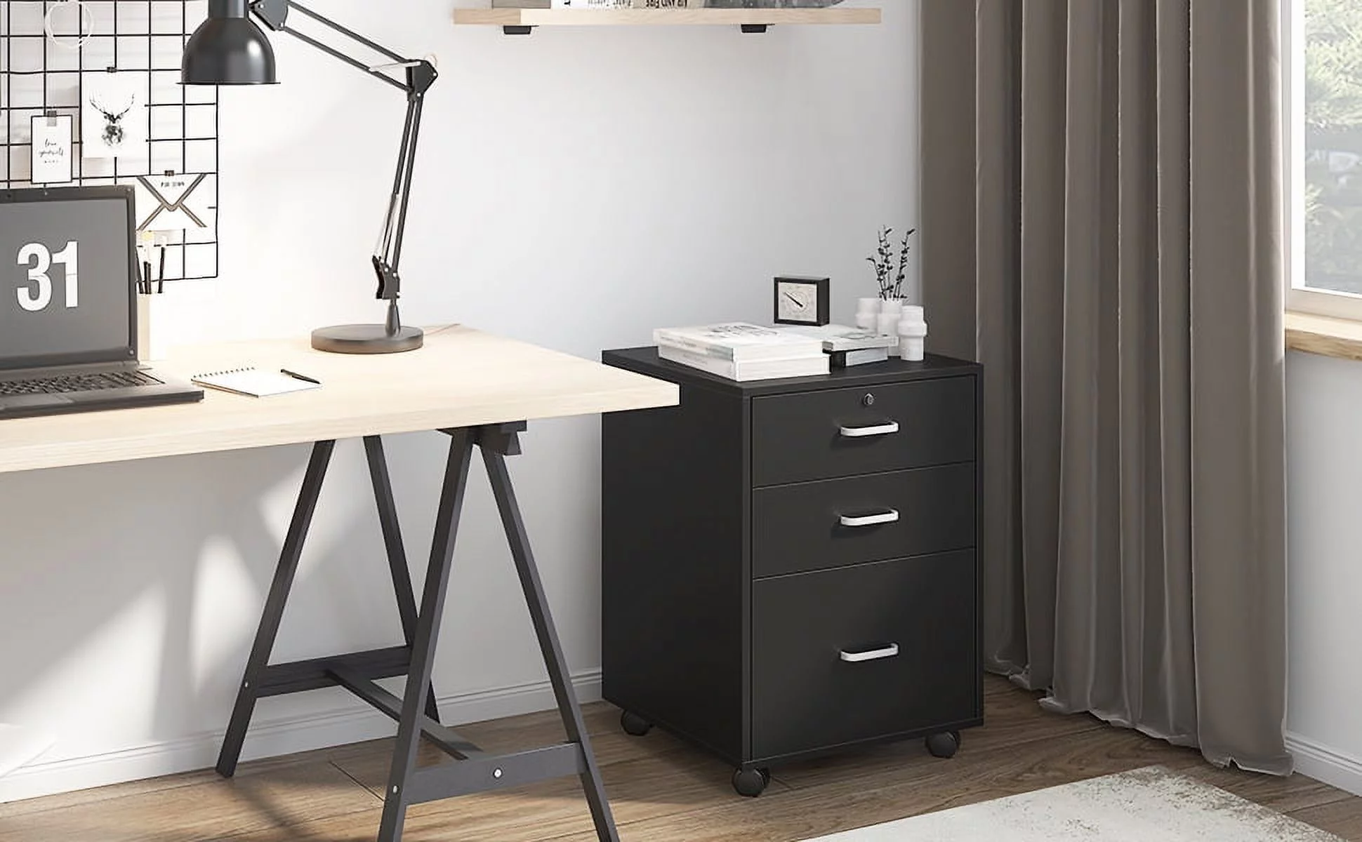 Soges 3 Drawer Mobile File Cabinet, Rolling Filing Cabinet, Modern Office Cabinet with Lock and Wheels, Black