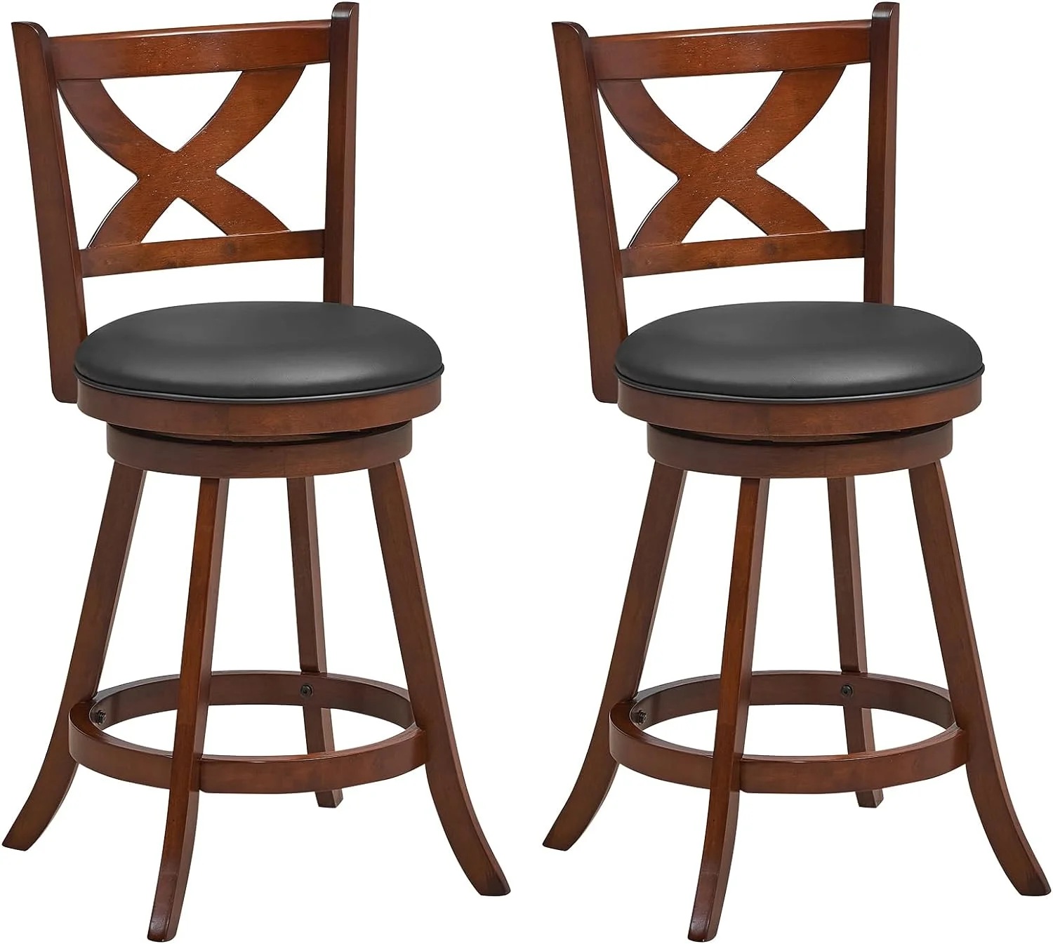 24” Bar Stools Set of 2, 360° Swivel Counter Height Stools with Back, Solid Rubber Wood Frame, Leather Padded Seat, Vintage Upholstered Armless Farmhouse Barstools for Kitchen Island Home Bar