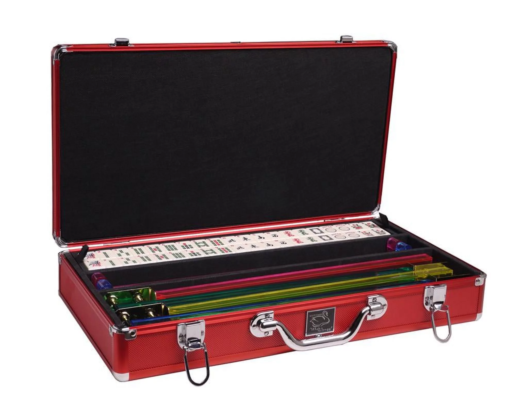 White Swan American Mahjong Set in Luggage-Style Red Case - Ivory Tiles - Classic Pusher Arms