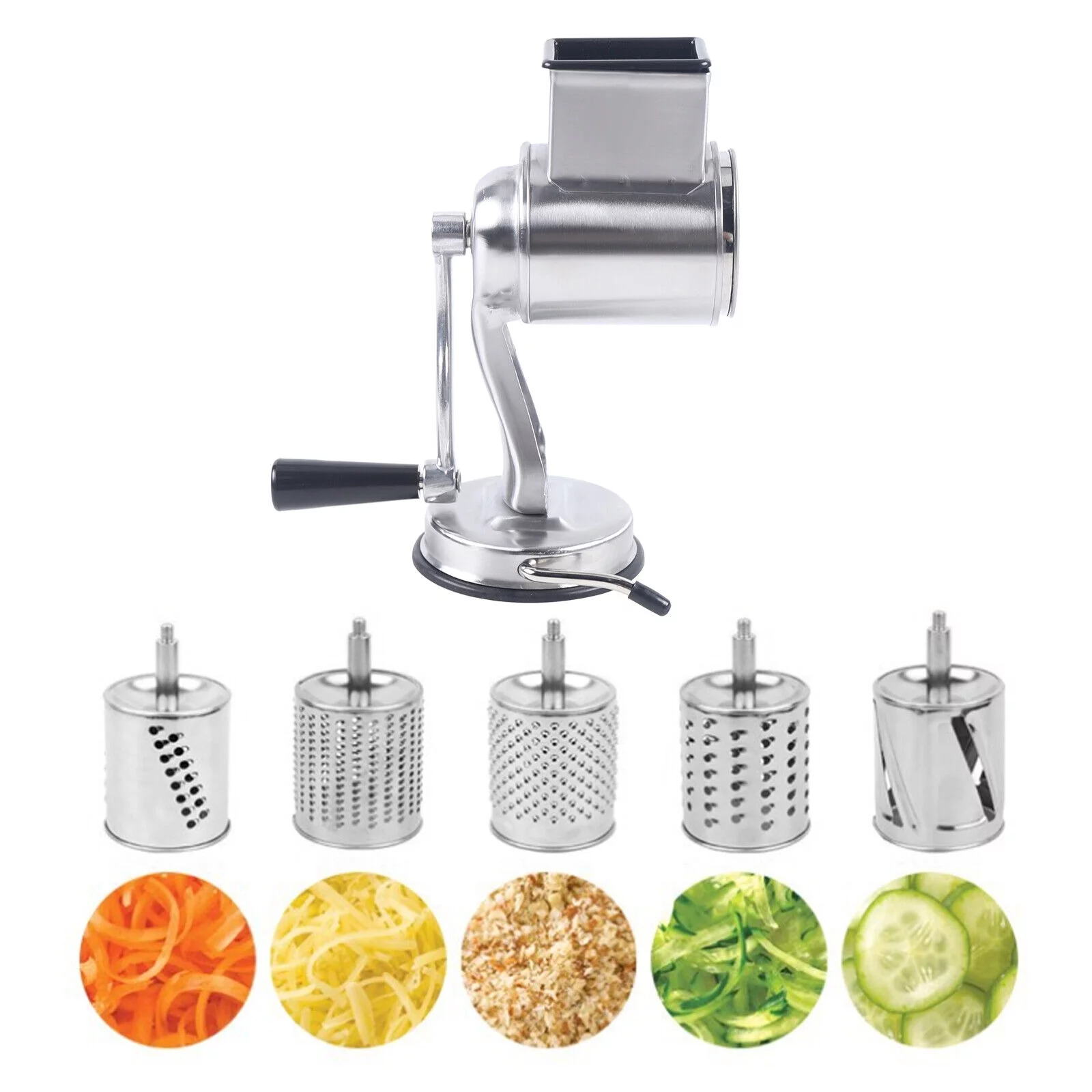 ZhdnBhnos Kitchen Food Rotary Grater Drum Slicer Grinding Tool Vegetable Shredder Grinder with 5 Blades Stainless Steel