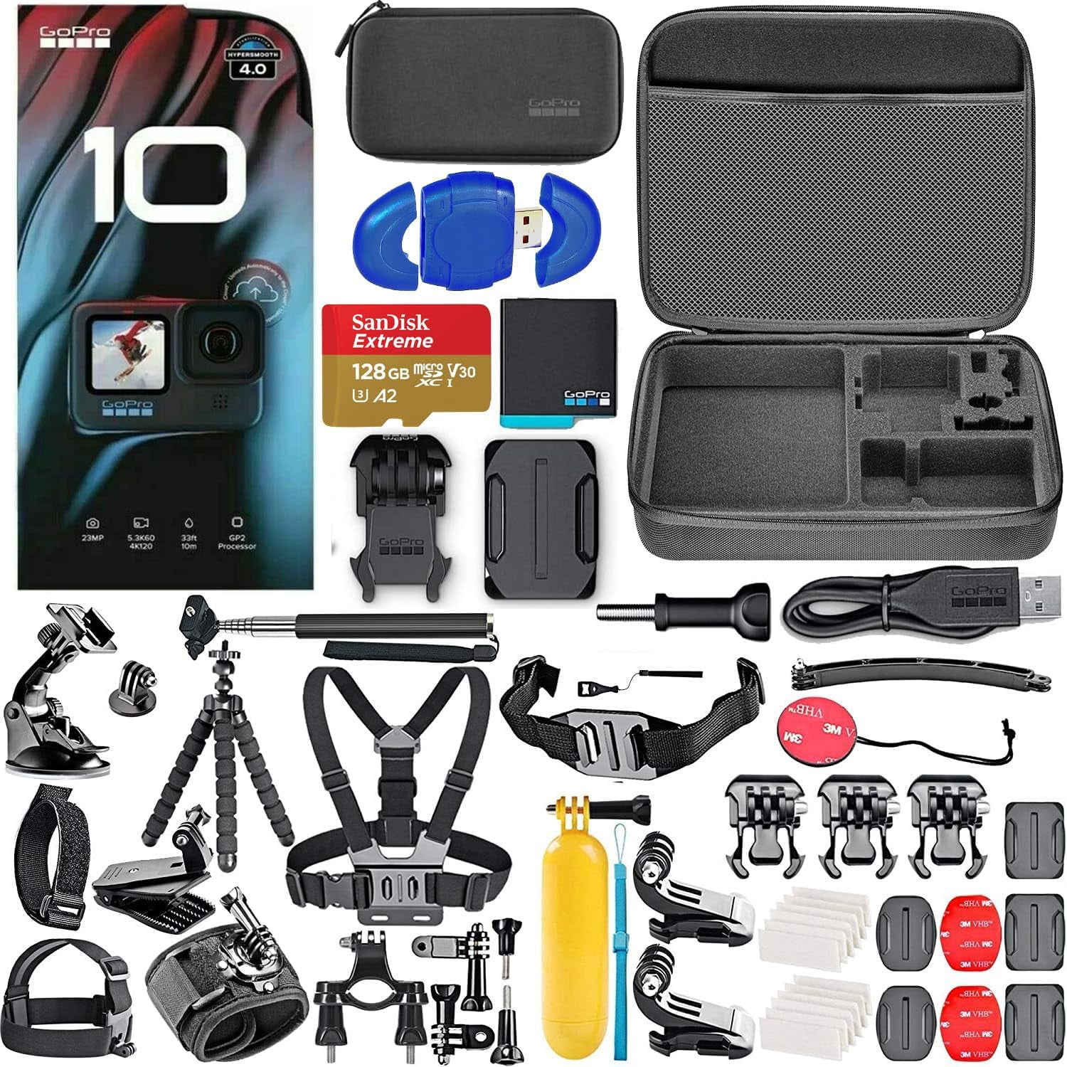 GoPro HERO10 Black Action Camera Bundle - Includes: Dual Battery Charger, Extra Battery (2 total batteries), Compact Case and 64GB MicroSD