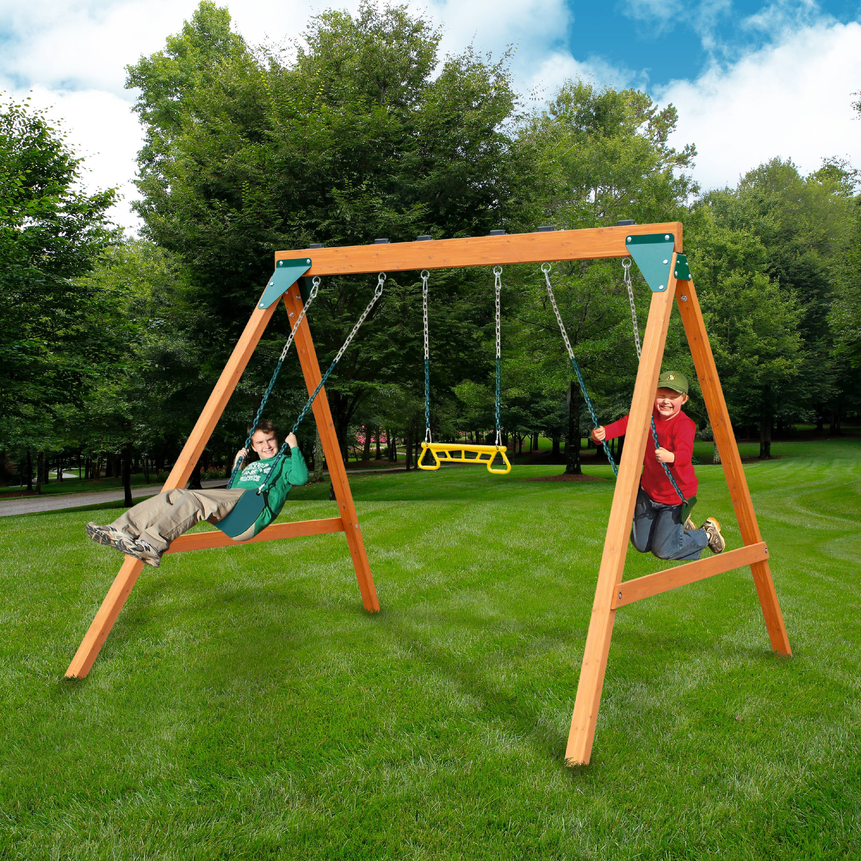 Swing-N-Slide Ranger Wooden Swing Set with 2 Swing Seats and Trapeze/Ring Combo Swing