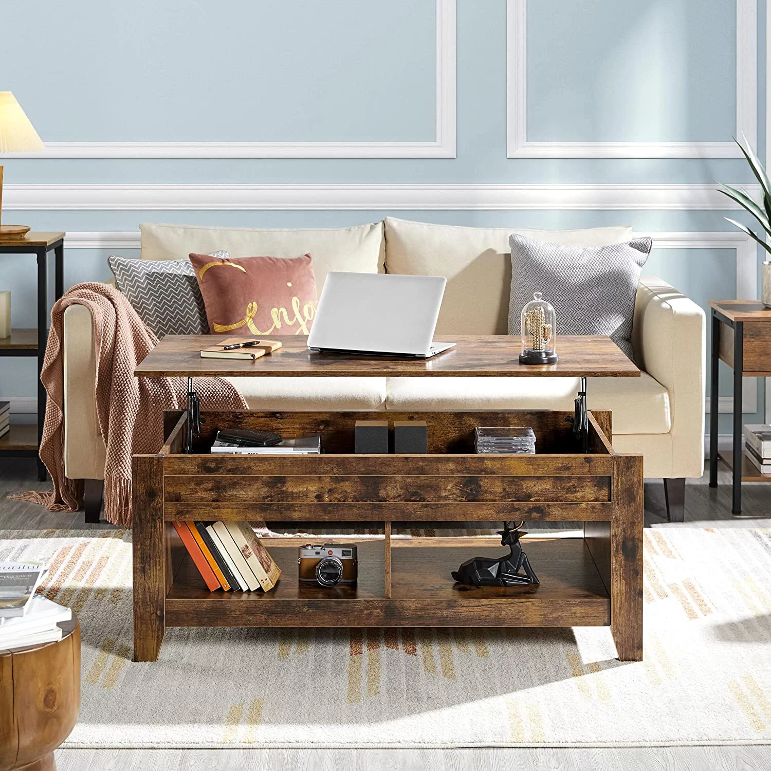 Coffee Table, 47.5in Lift Top Coffee Table, Wooden Lifting Dining Center Table with Hidden Storage Compartment & 2 Open Shelves for Living Room, Rustic Brown