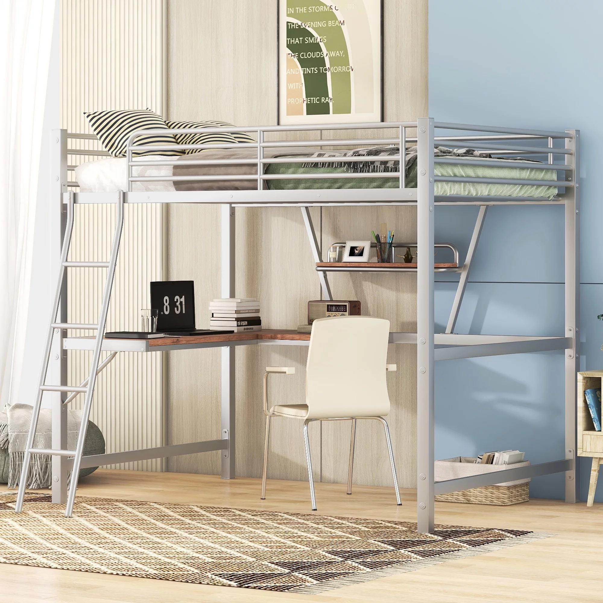 DeeHome Full Size Loft Metal&MDF Bed with Desk and Shelf, Silver