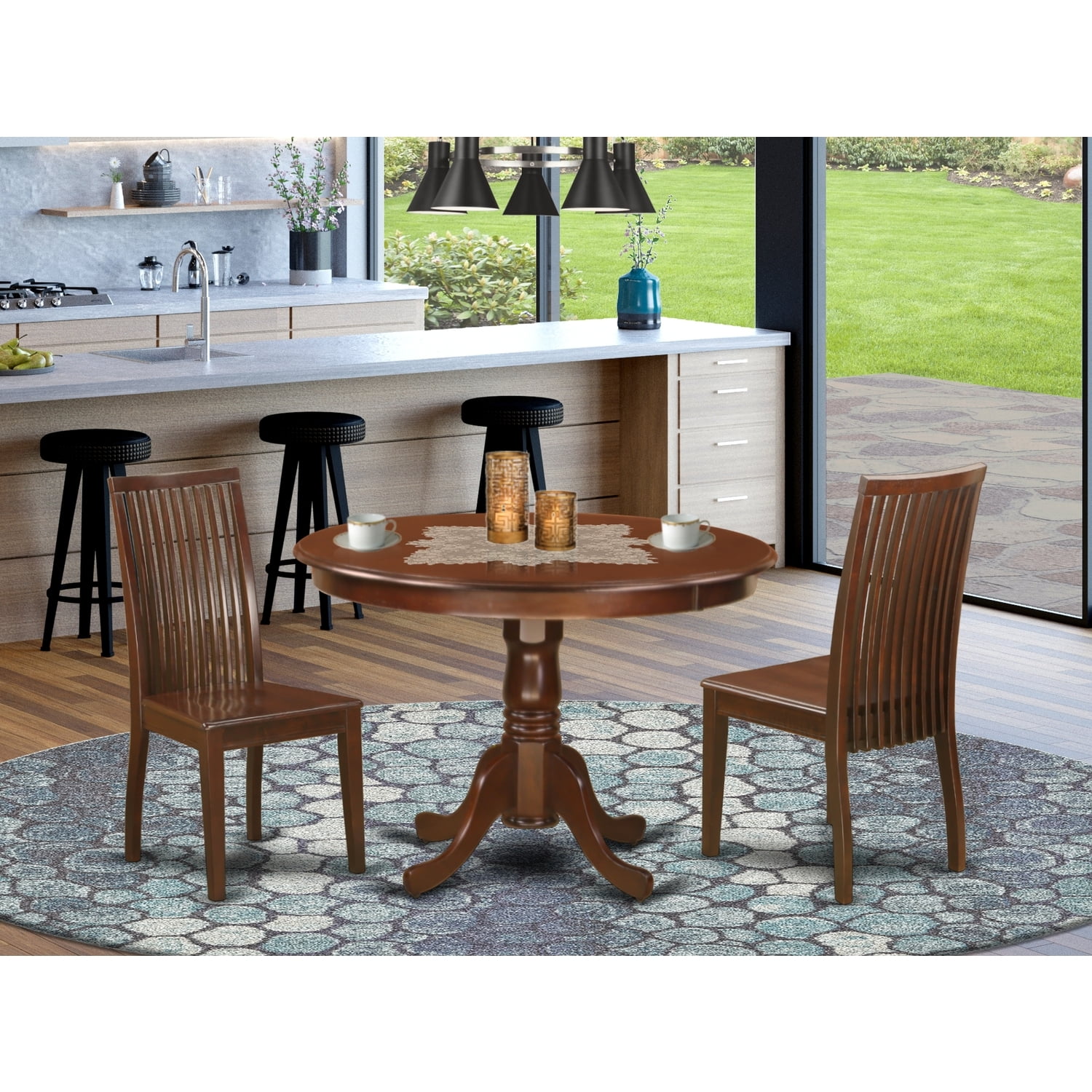 HomeStock Retro Renaissance 3 Piece Hartland Set With One Round 42In Dinette Table And Two Dinette Chairs With Wood Seat In A Warm Mahogany Finish.